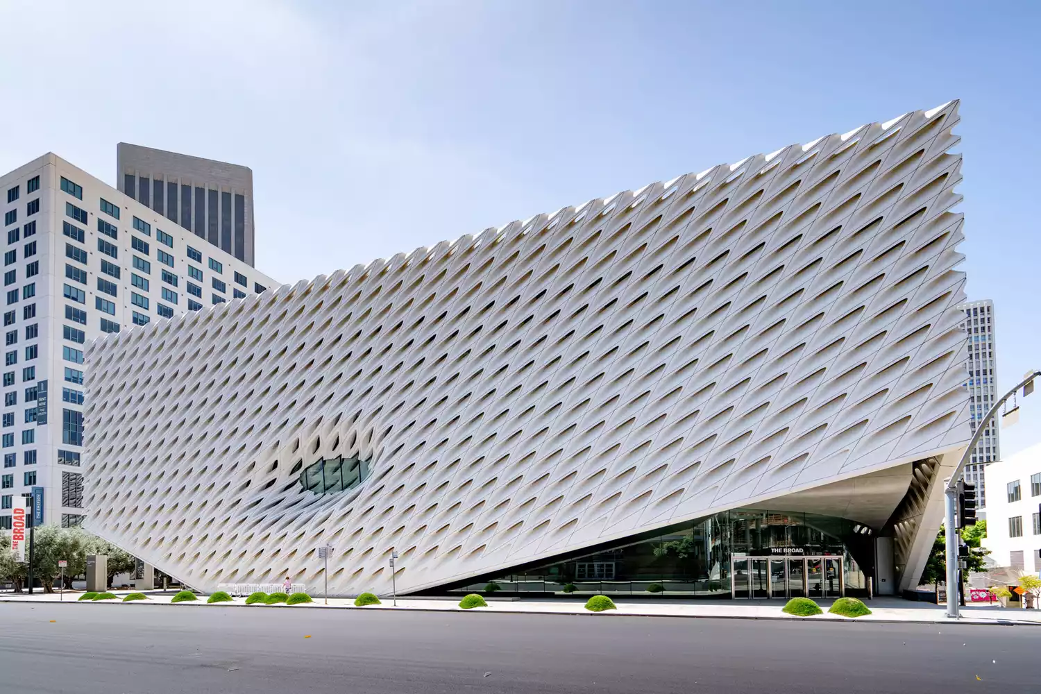 The distinct white honeycomb exterior of The Broad museum in downtown Los Angeles.