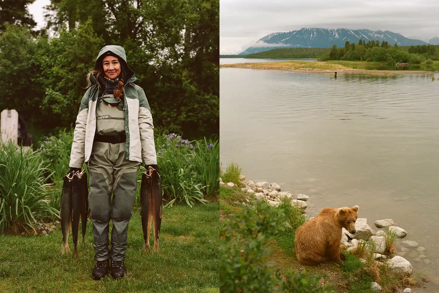 A woman holding a freshly caught sockeye salmon outdoors near a landscape with a bear.