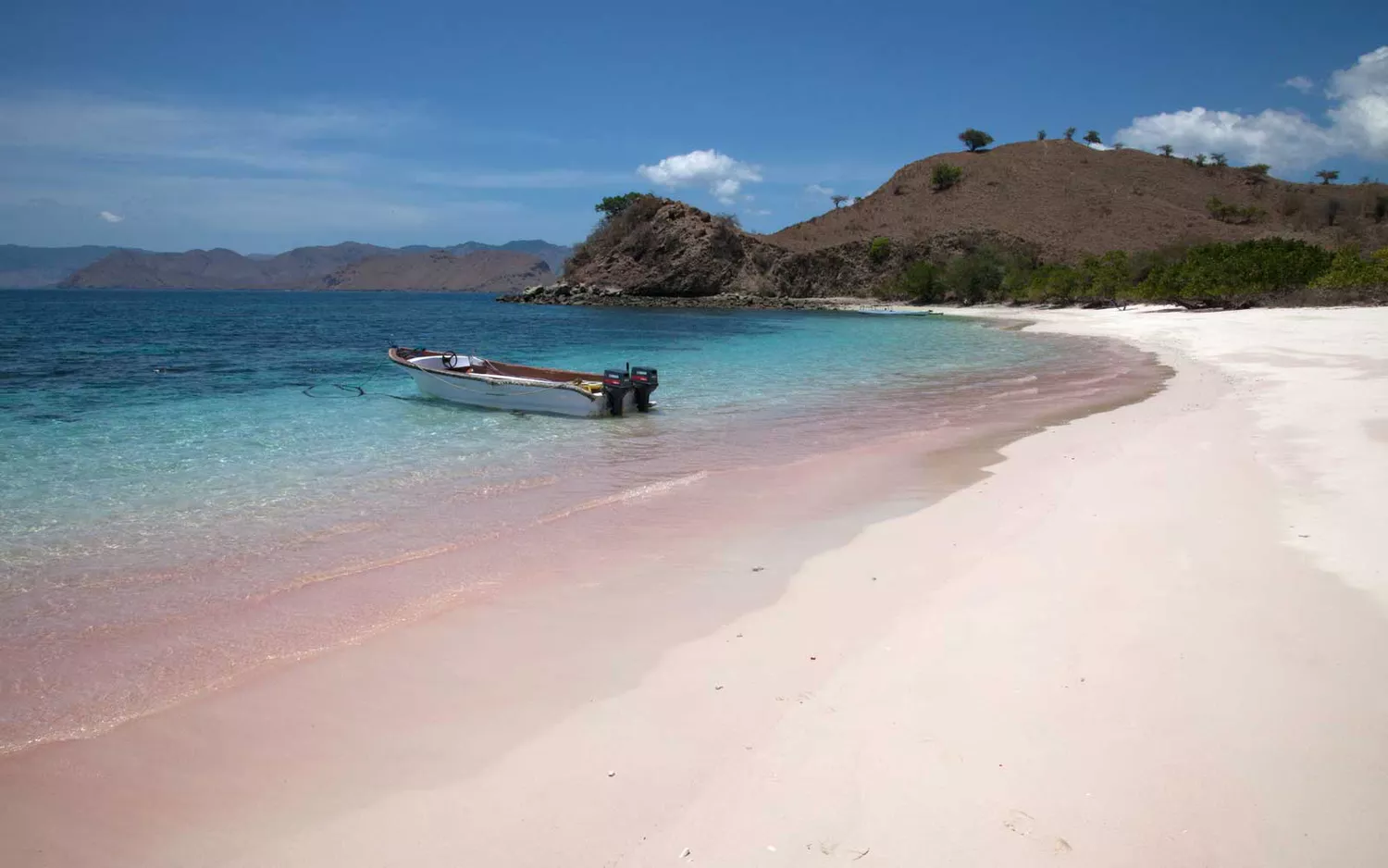 Wide shot of the pink sand at Pantai Merah, Komodo Island, surrounded by hills.