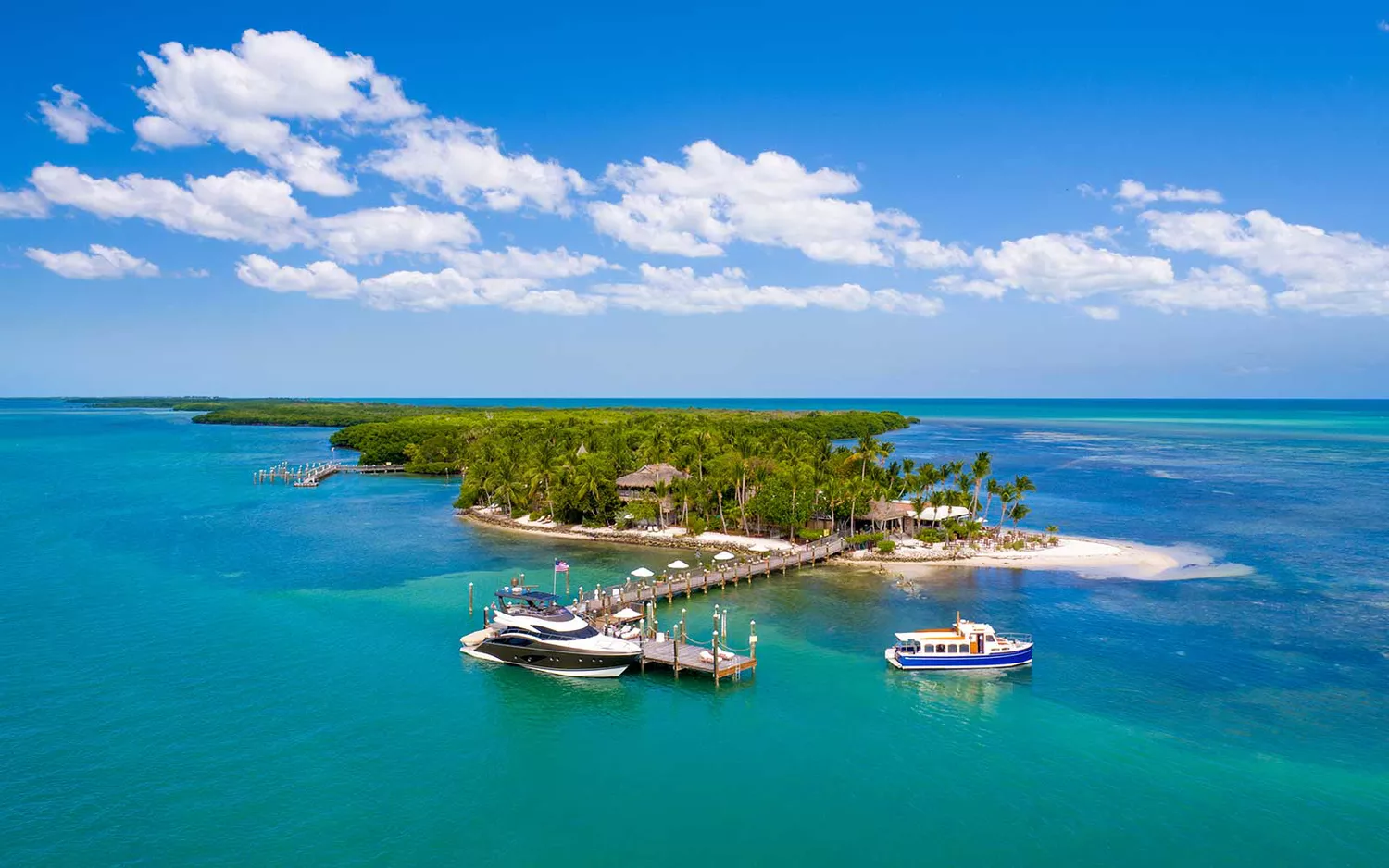 Secluded luxury bungalows on Little Palm Island surrounded by palm trees and ocean.