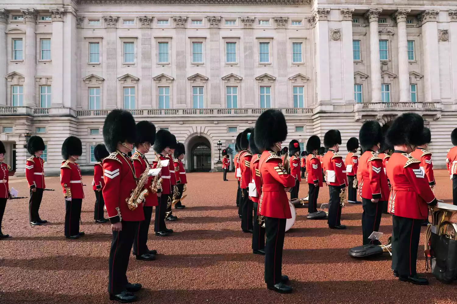The King's Guard marching during the Changing of the Guard ceremony at Buckingham Palace.