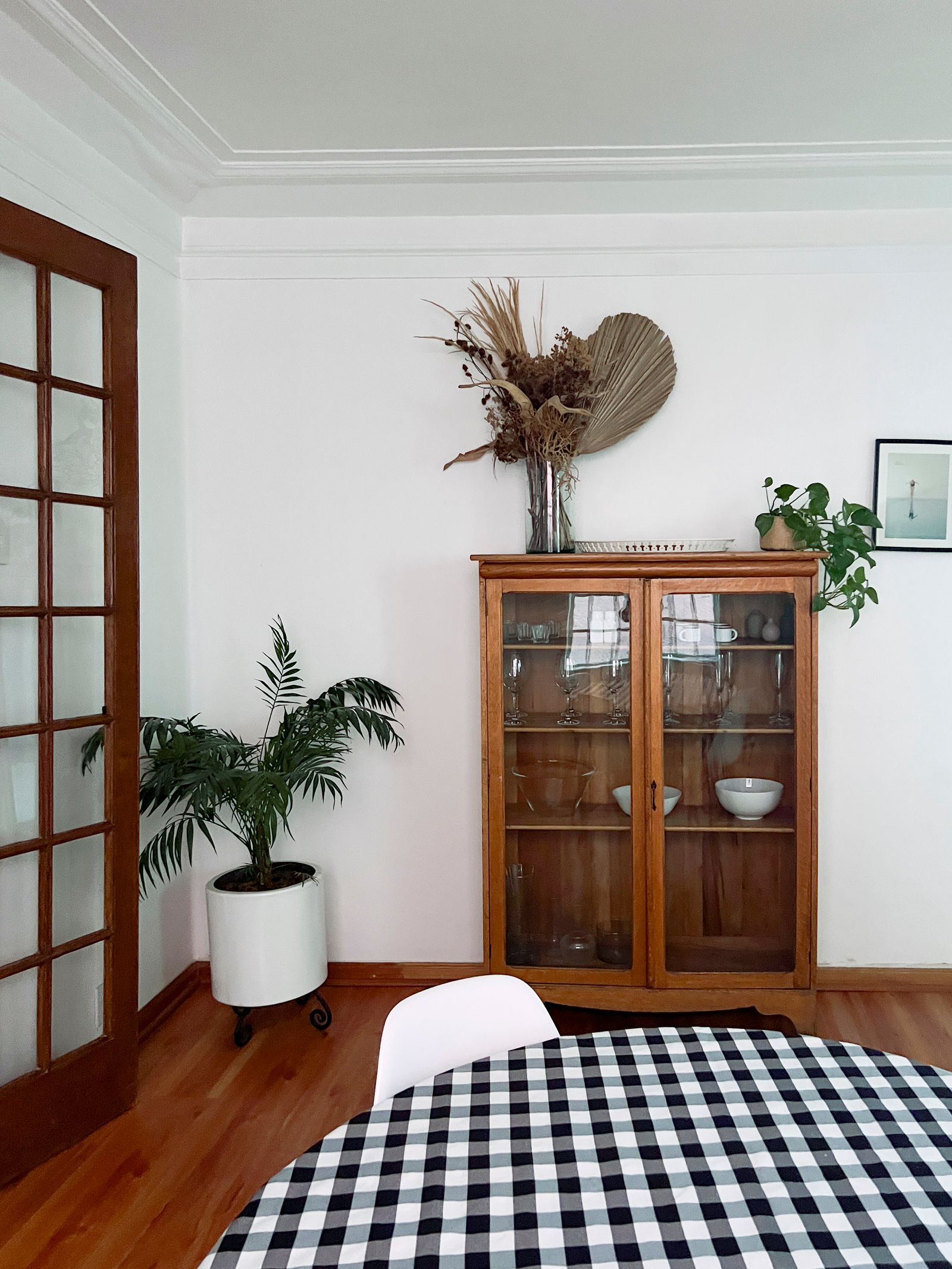 Interior of a Roma Norte apartment featuring hardwood floors, a potted plant, and a stylish wooden chair.