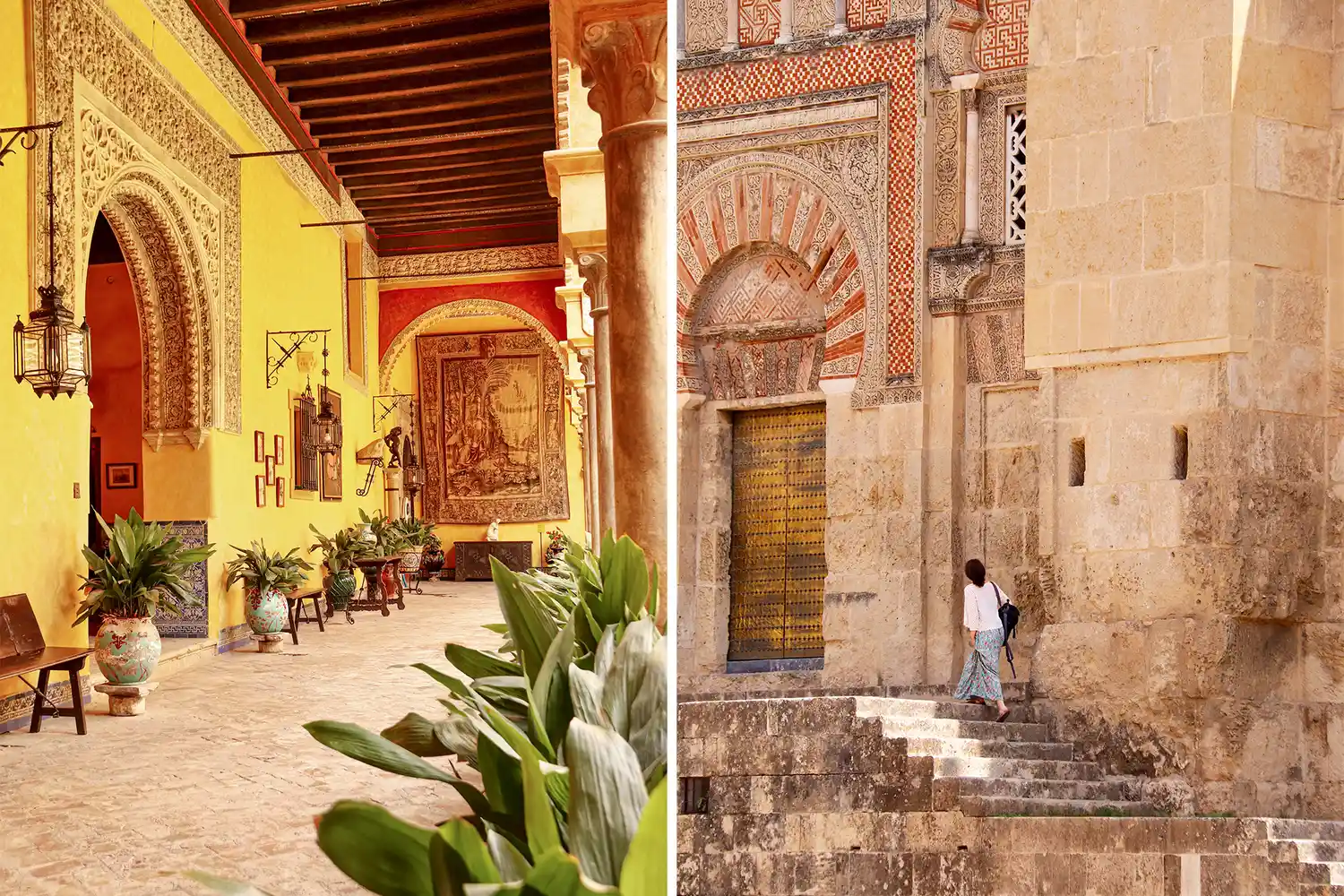 A split image showing a sunlit yellow hallway and a perspective of stone steps in an ancient structure.
