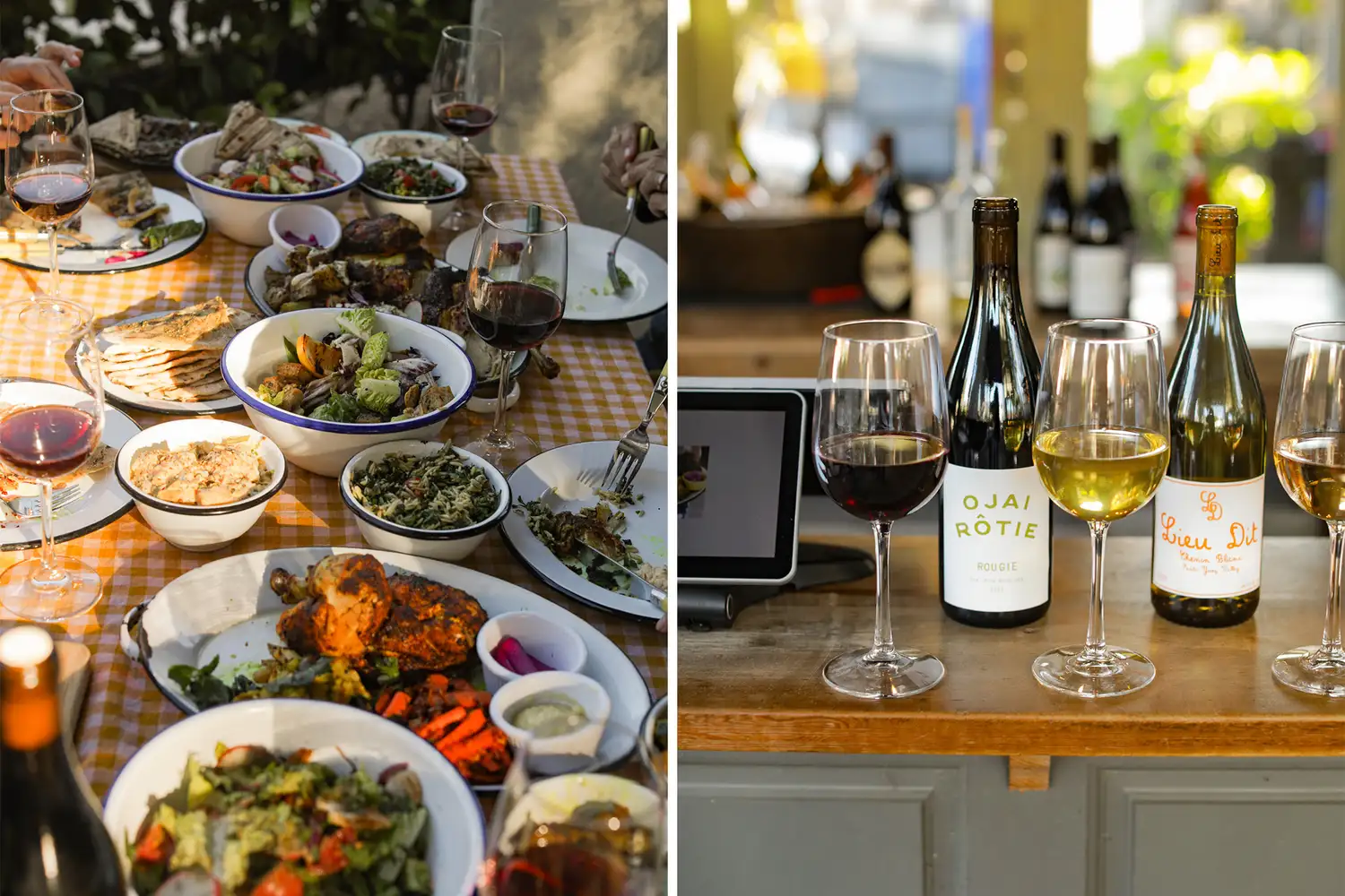 A vibrant assortment of Mediterranean-inspired dishes and local wine on a rustic table.