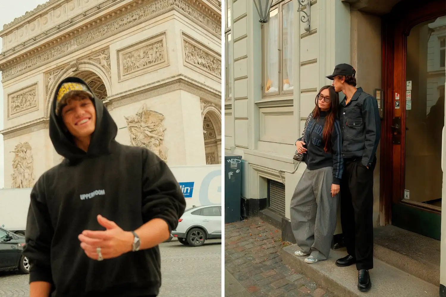 Gavin Casalegno posing near the Arc de Triomphe and with his wife Cheyanne in Copenhagen.