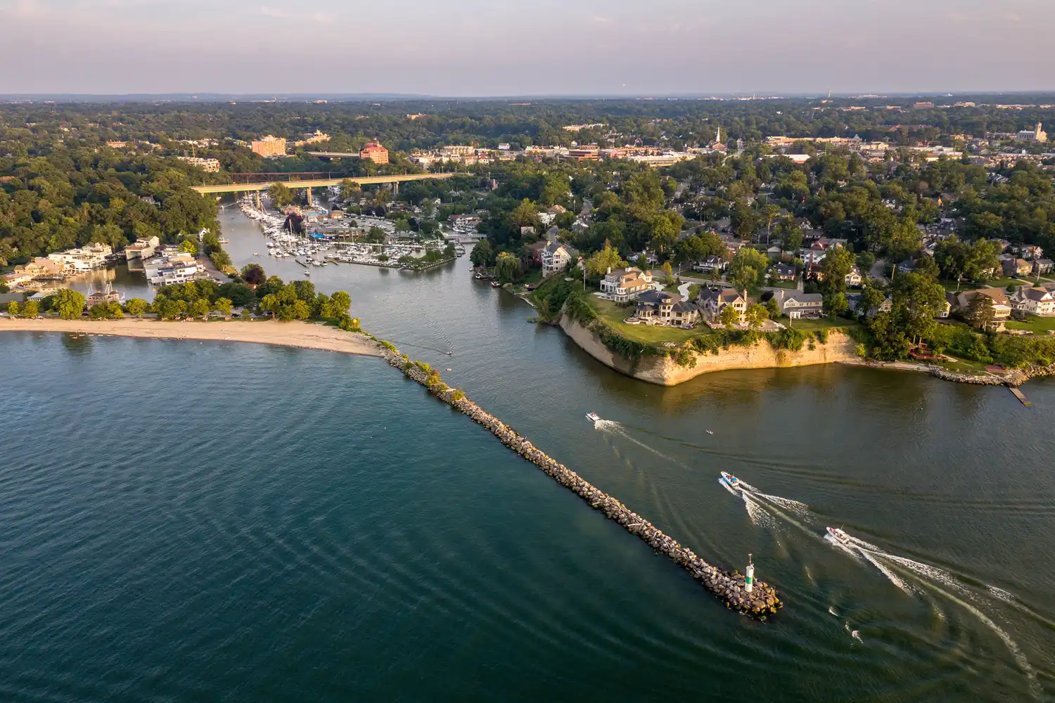 Aerial view of the marina and homes in the Rocky River area of Ohio.