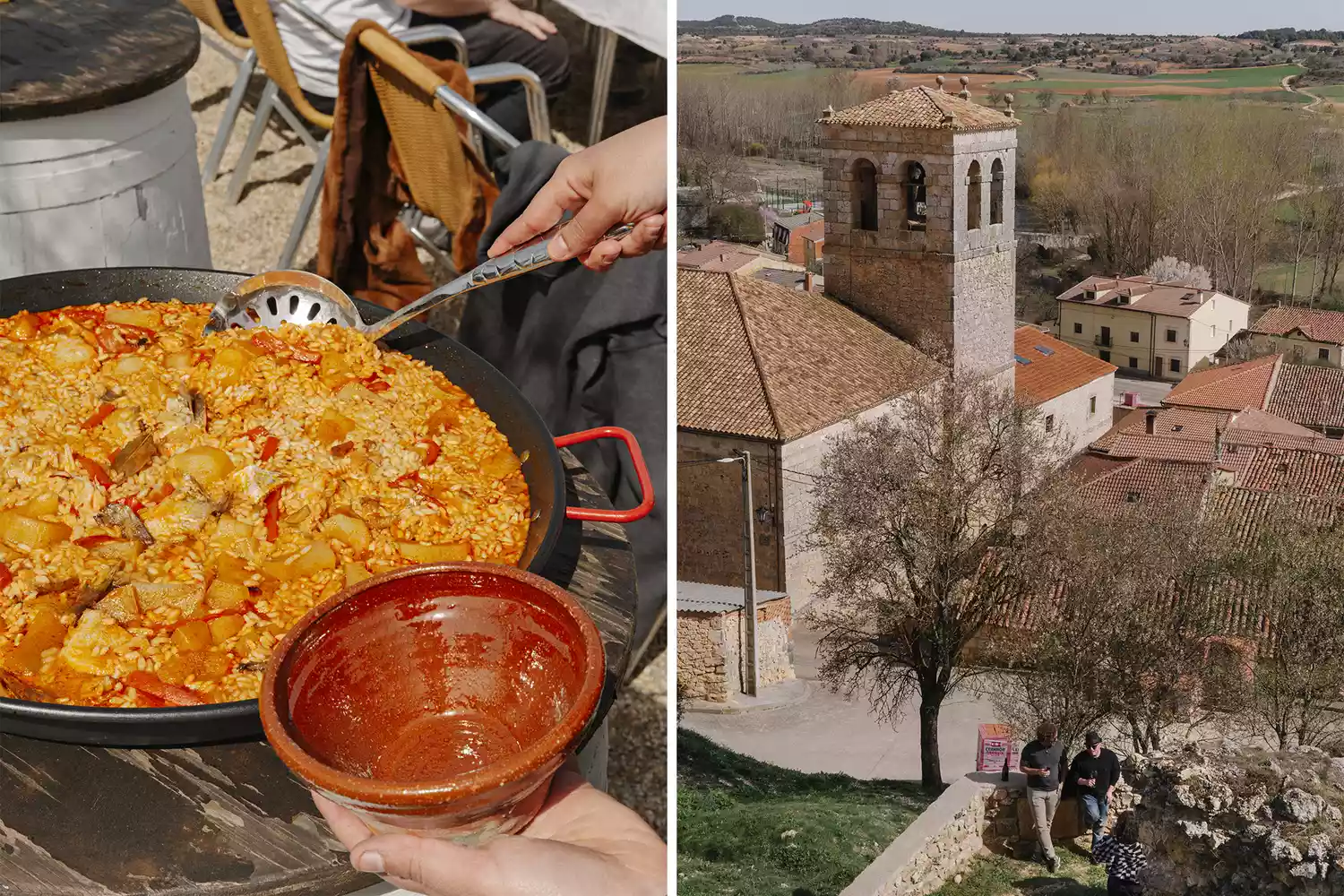 Side-by-side photos showing a vibrant seafood paella pan and the rolling green hillsides of a Spanish farm.