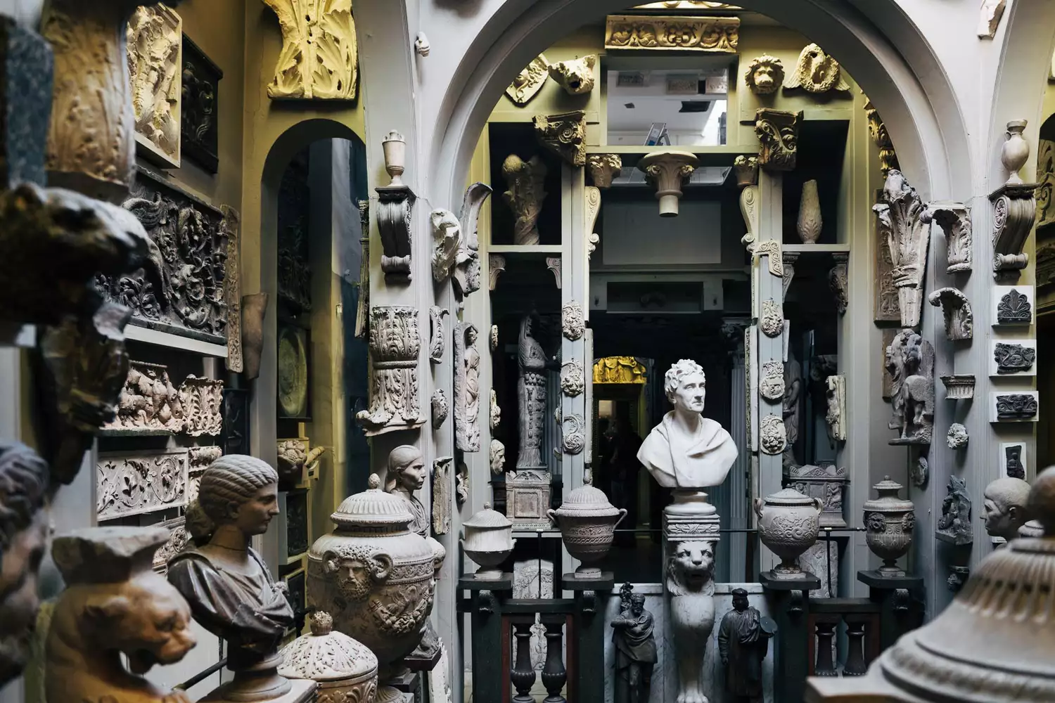 Intricate architectural details and artifacts inside Sir John Soane's Museum in London.