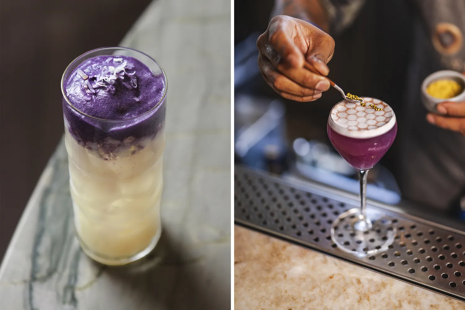 Two craft cocktails, one with layered foam and one being garnished by a bartender.