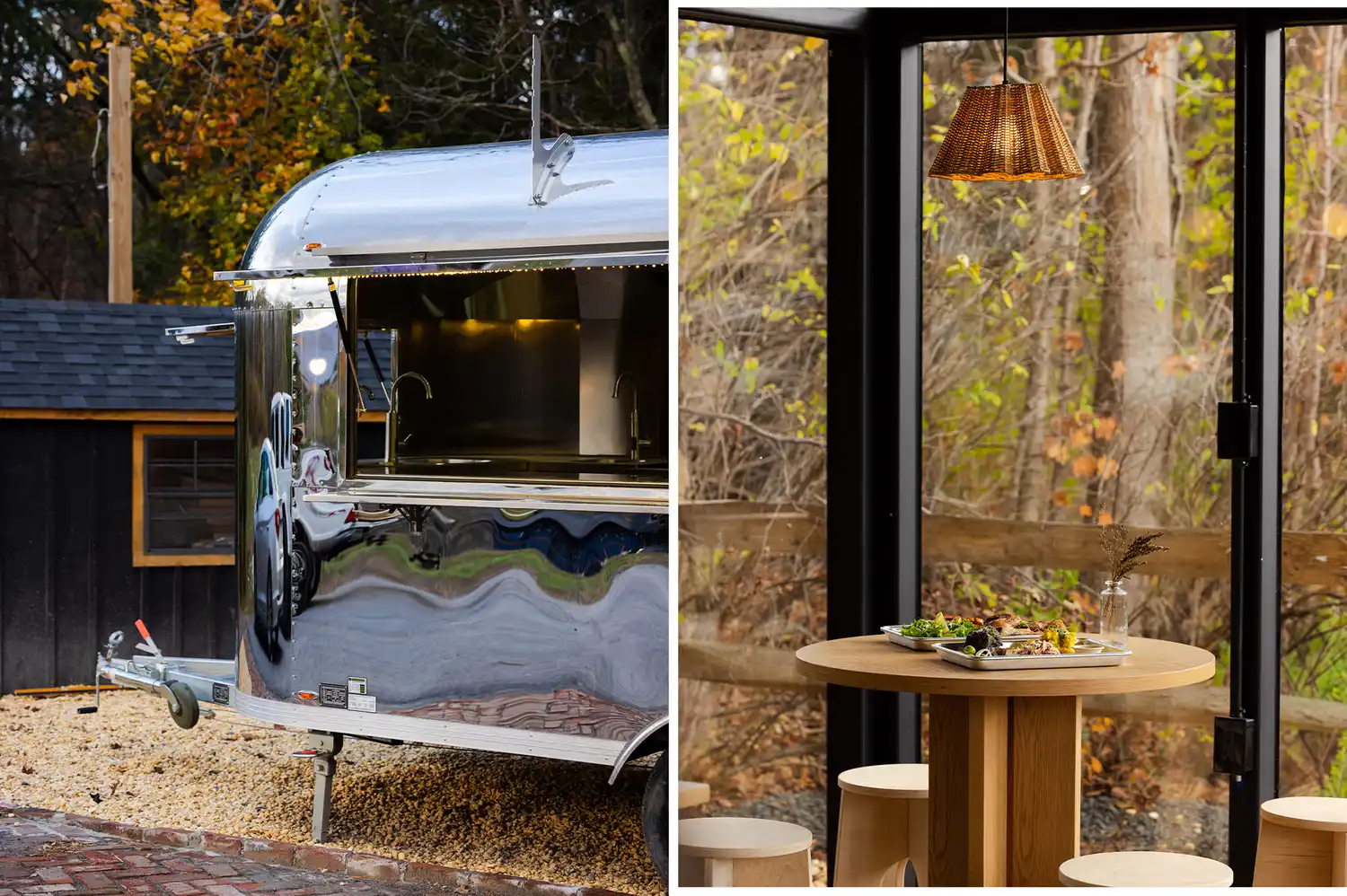 Dandies restaurant showing both the retro Airstream exterior and the cozy window-lined dining room.