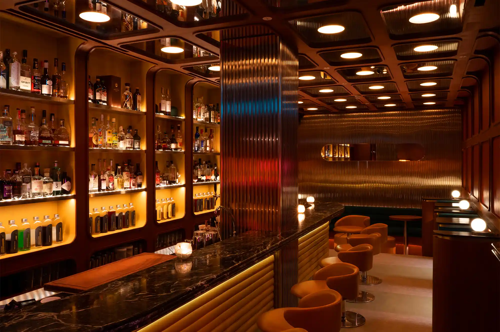 The retro-futuristic interior of Night Hawk cocktail bar in Singapore.