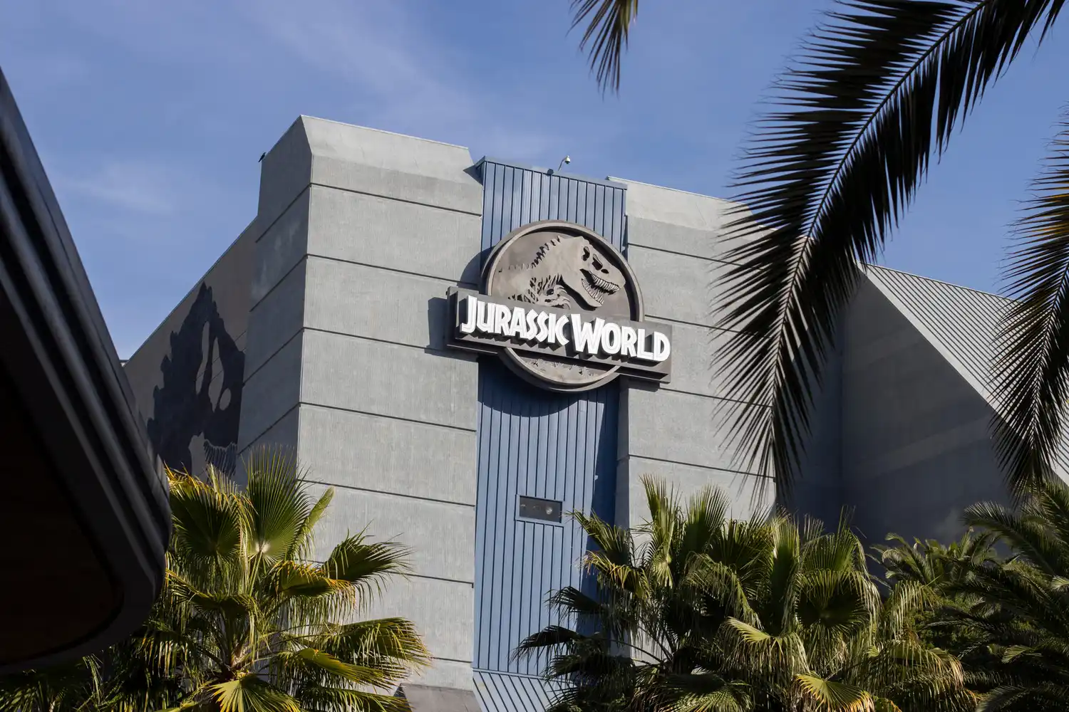 The entrance facade of the Jurassic World ride at Universal Studios.