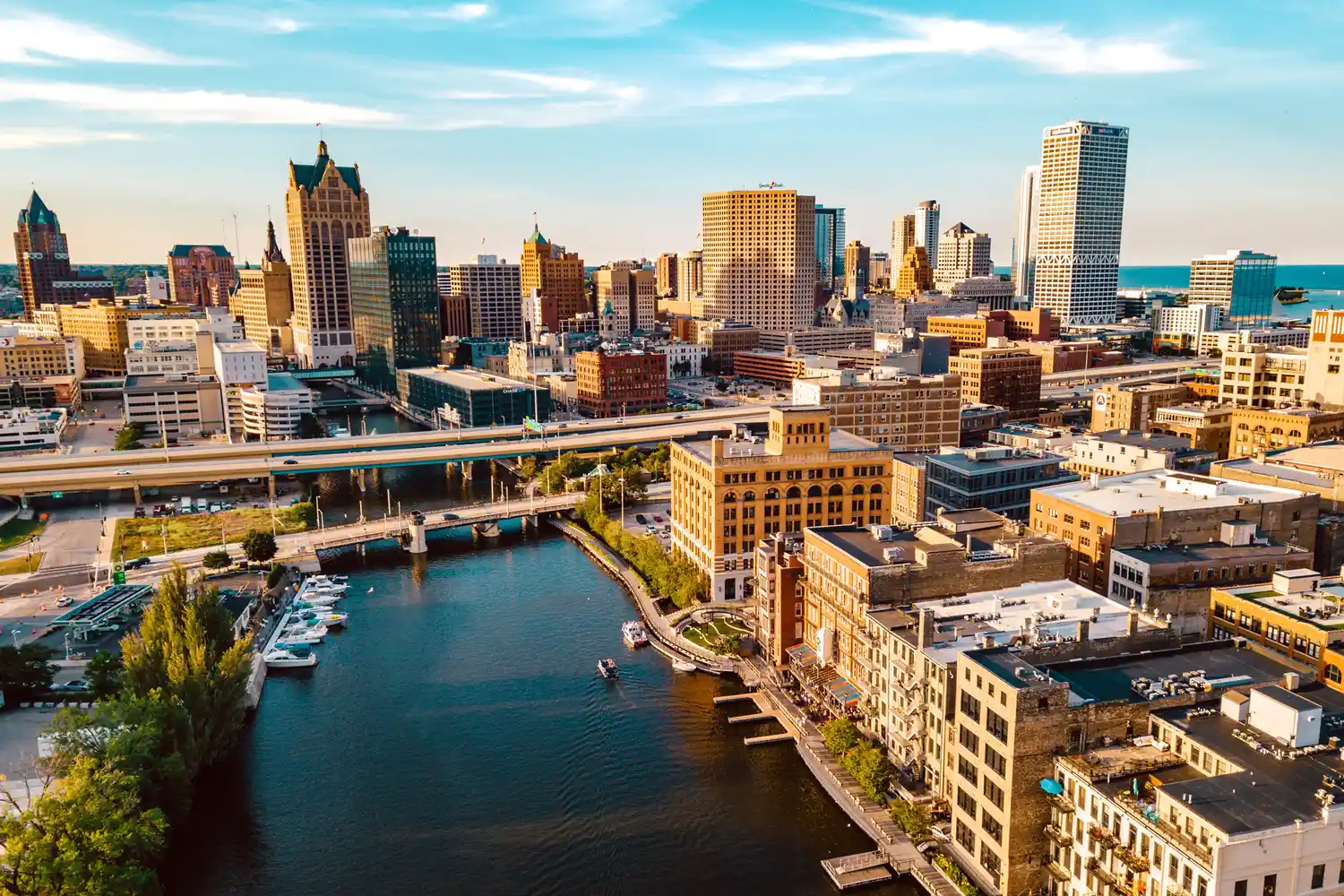 The skyline of Milwaukee, Wisconsin viewed across the water.