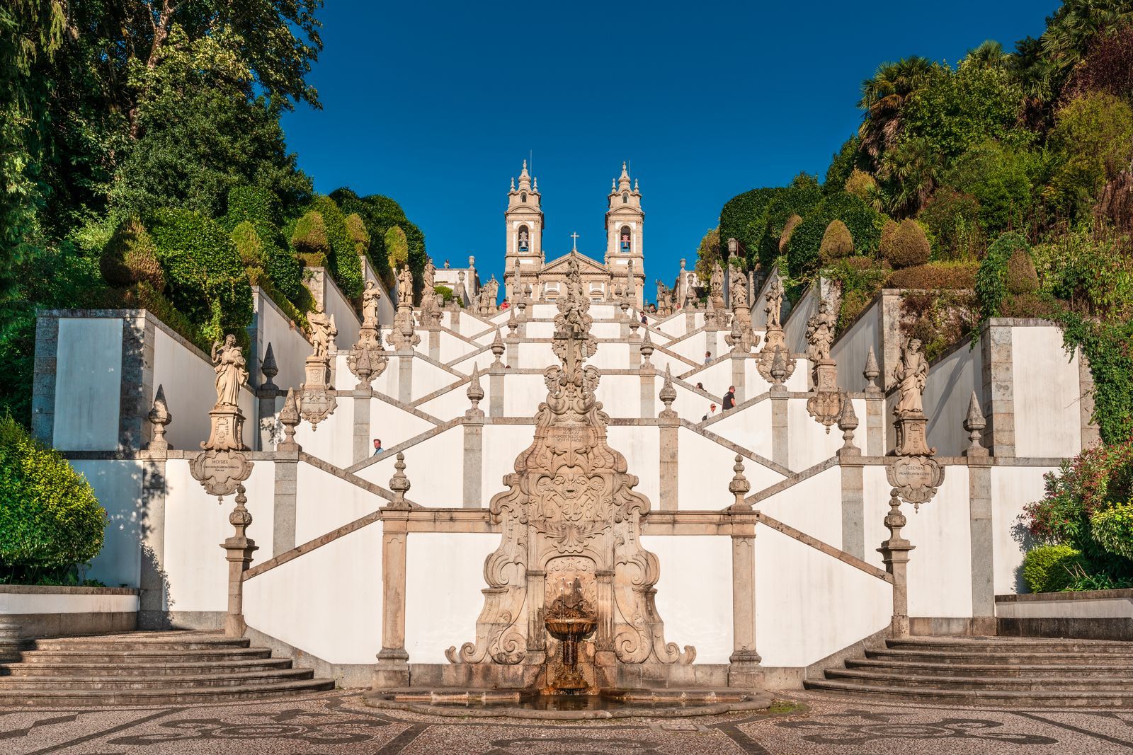 The elaborate baroque zig-zagging staircase leading up to the Sanctuary of Bom Jesus do Monte in Braga, Portugal.