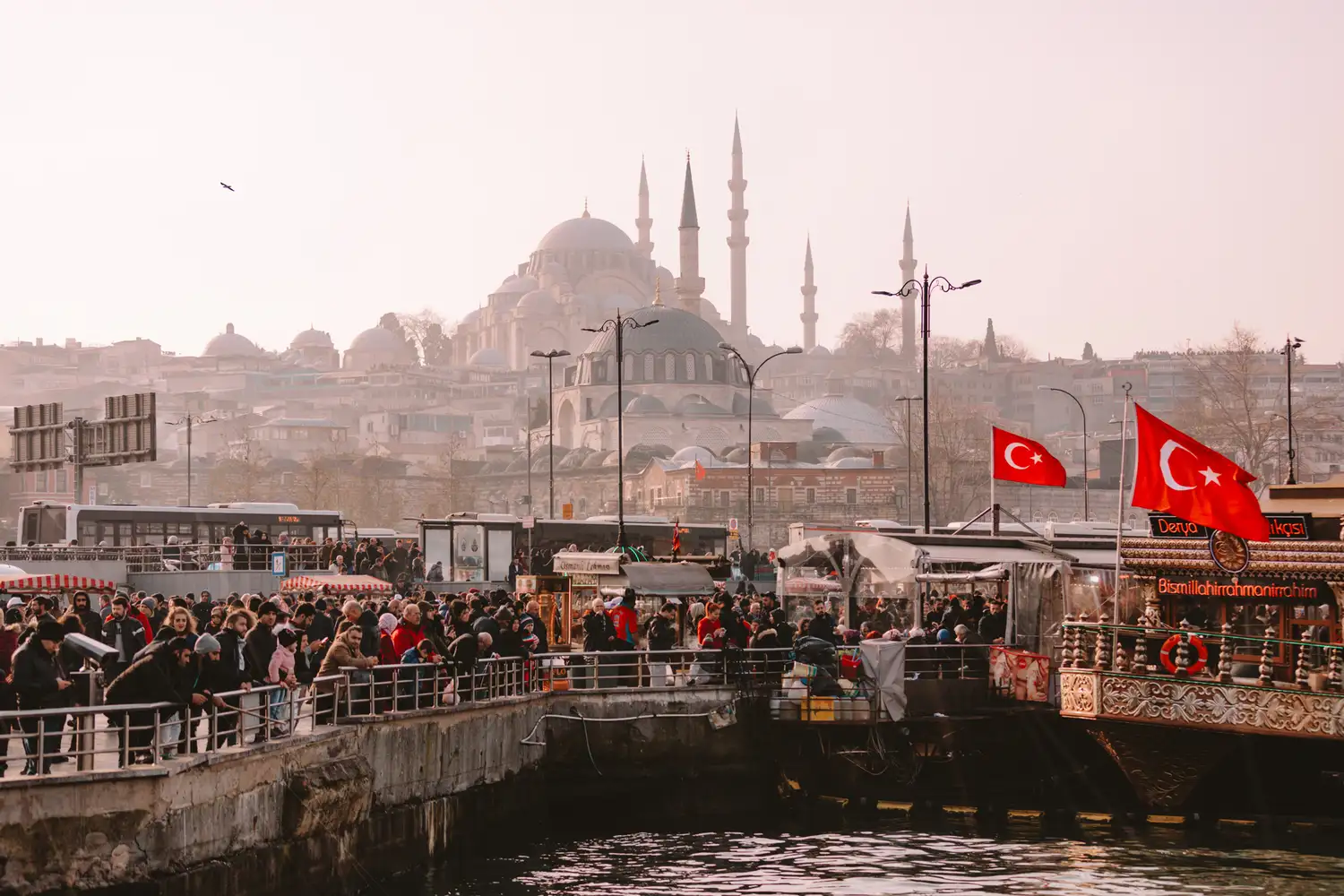 A crowd of people waiting at a ferry terminal in Istanbul with a mosque visible across the water.