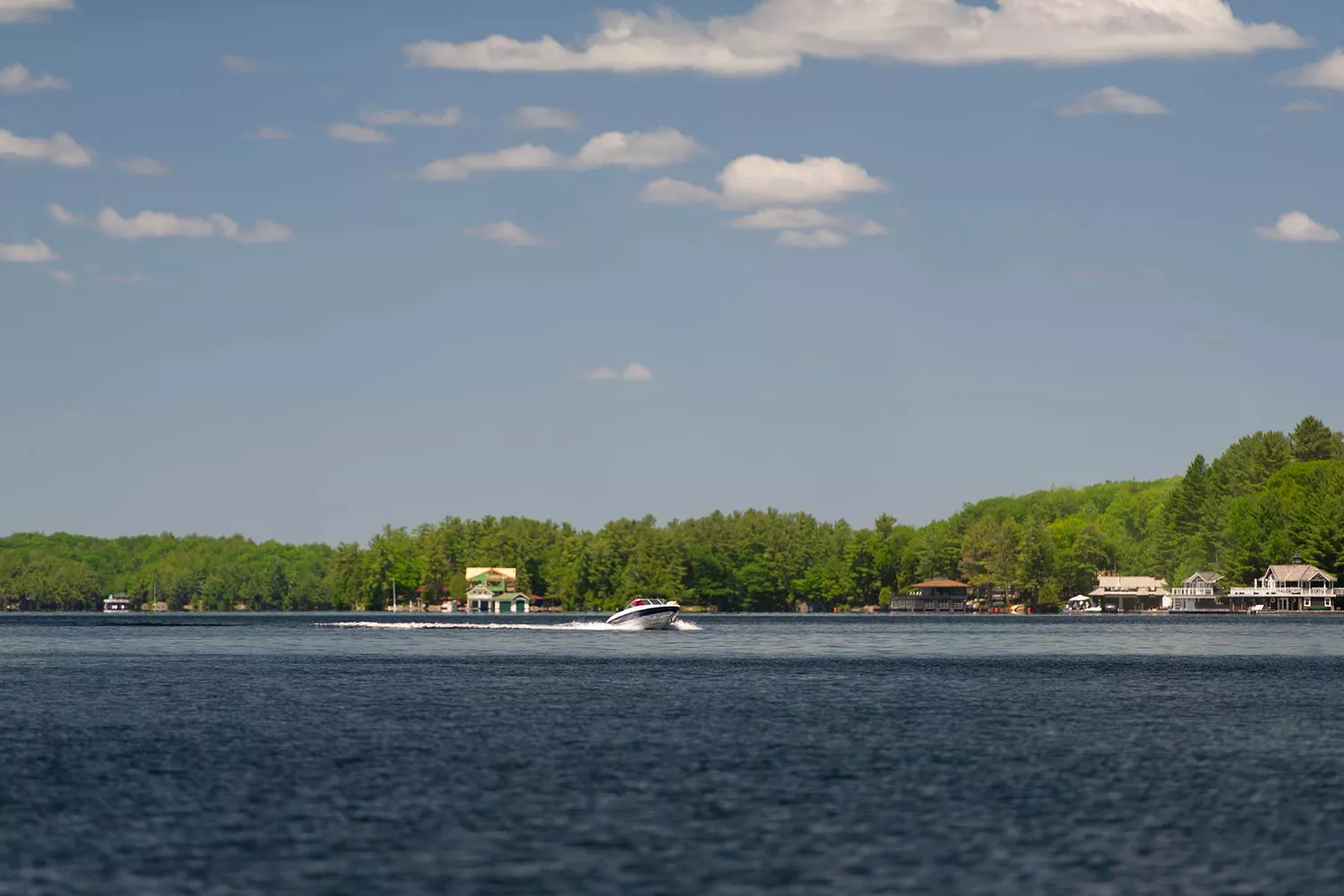 A luxury speedboat creating a wake on Lake Joseph with summer cottages visible in the background.