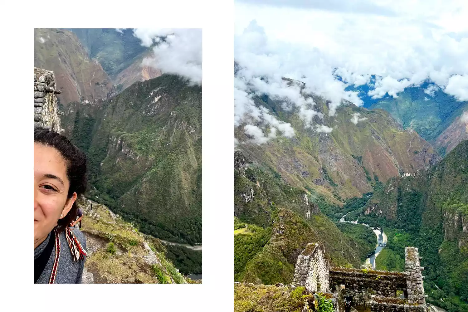 A solo female hiker taking a selfie with the iconic Machu Picchu ruins under a clear blue sky.