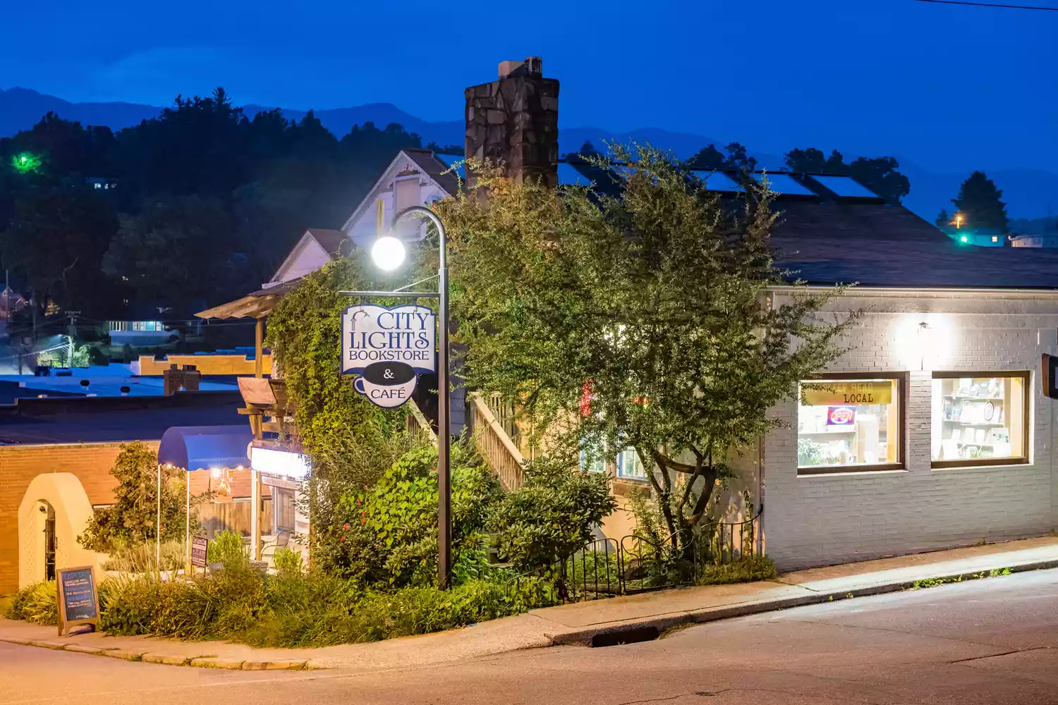 Exterior of City Lights Cafe in the downtown area of Sylva, North Carolina.