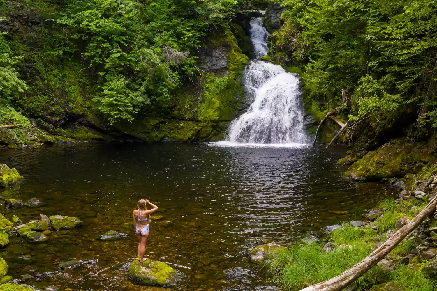 A swimmer at Black Brook Falls nestled within the lush greenery of Cape Breton Island, Canada.
