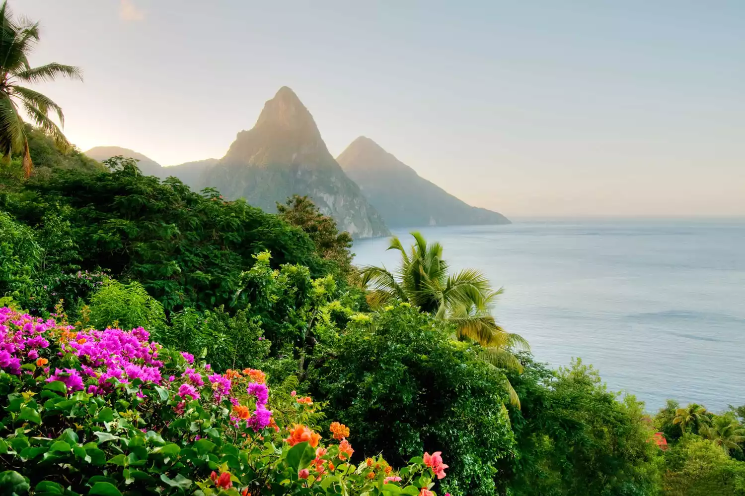 The twin peaks of the Pitons in St. Lucia during sunrise.