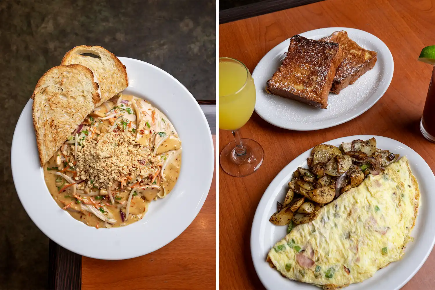 A split-frame image showing a gourmet pasta dish on one side and a hearty breakfast spread with coffee on the other.