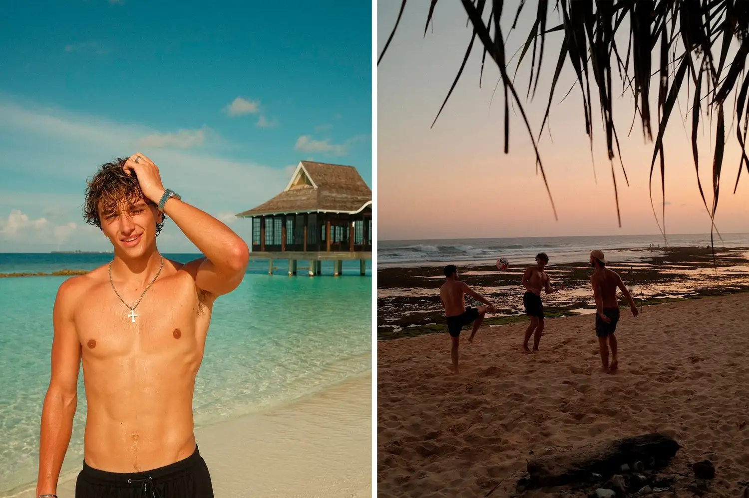 Split view of Gavin Casalegno during trips to beach destinations in the Maldives and Bali.
