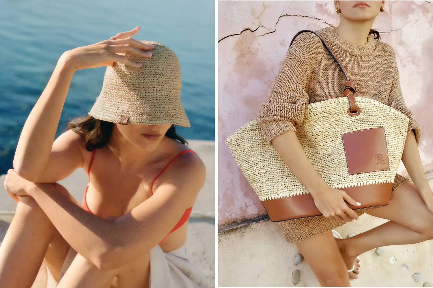 Lifestyle photo of women styled with Staud straw hats and bags on a coastal background.