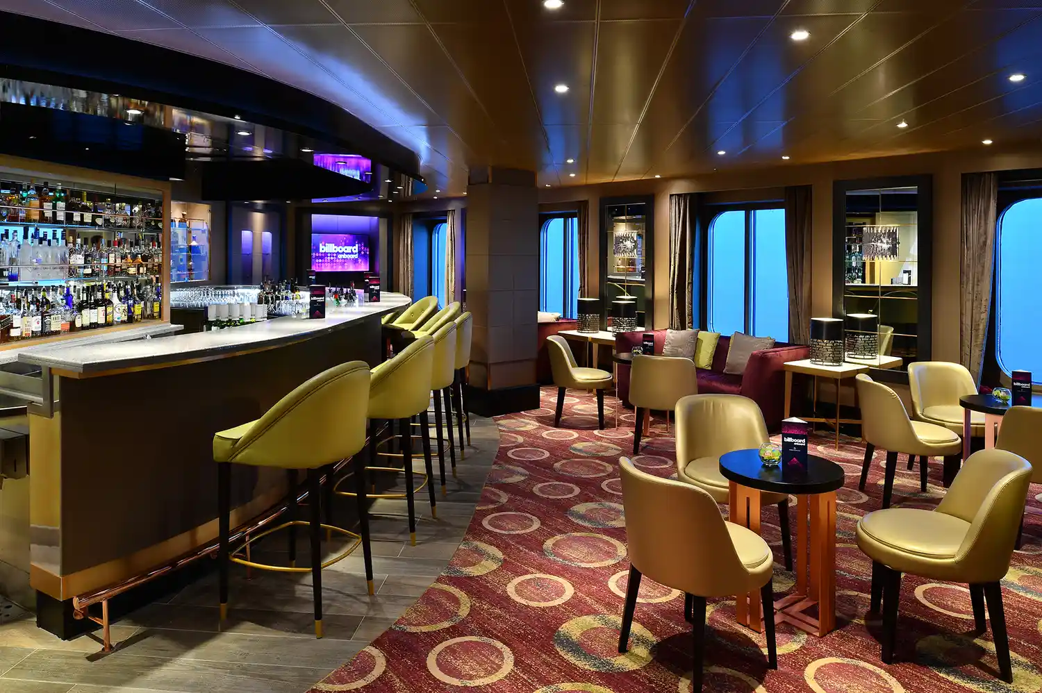 The stylish interior of the Billboard Onboard bar and music venue.