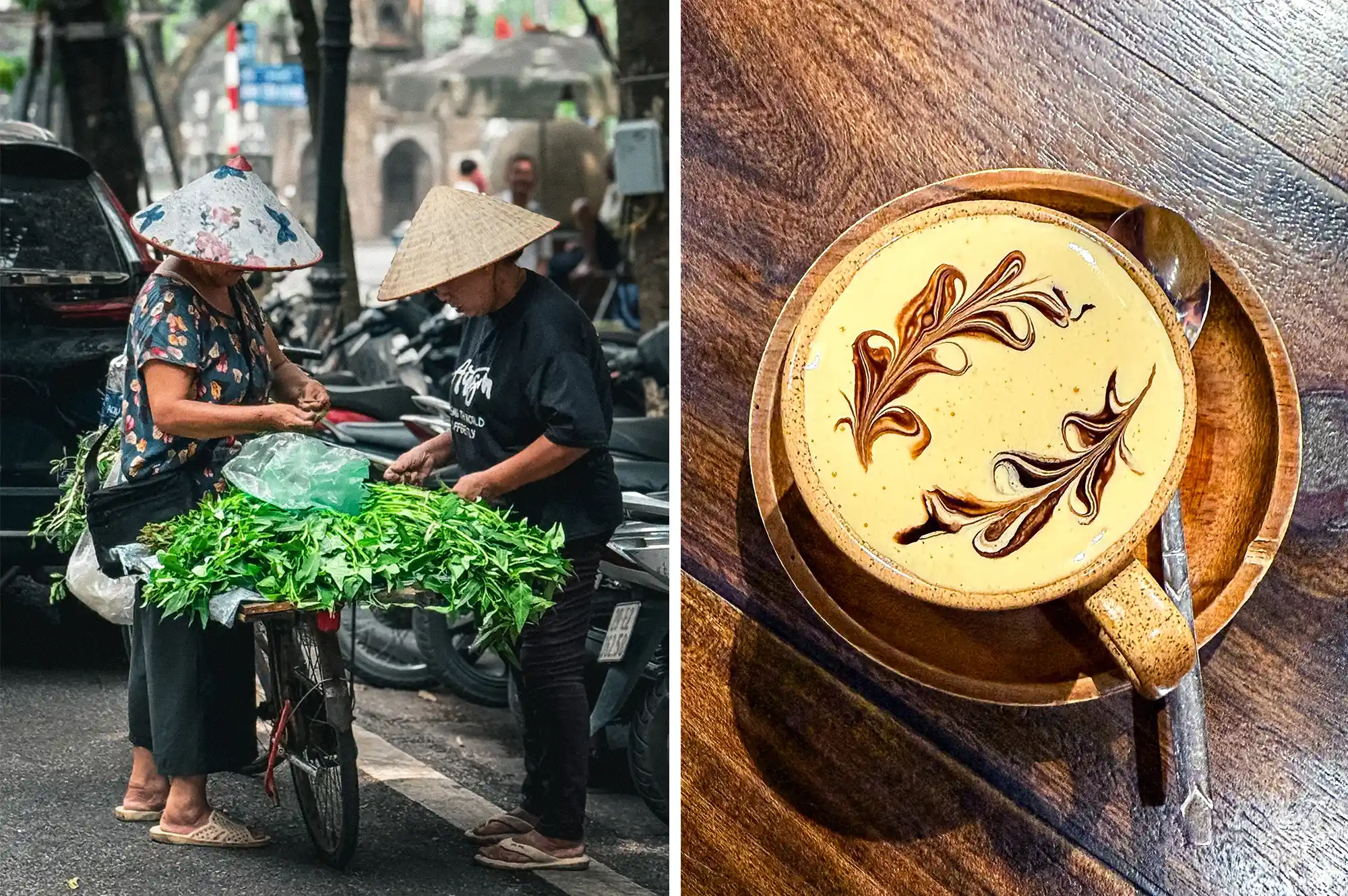A side-by-side view of a market vendor and a cup of decorated Vietnamese coffee.