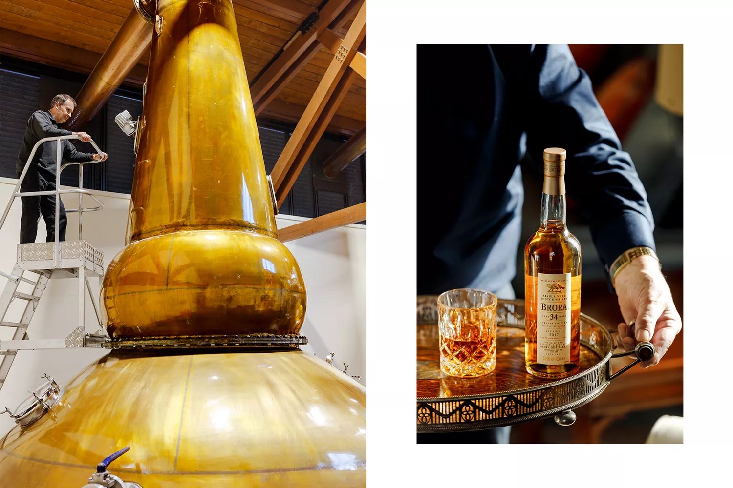 Tall copper stills inside the Brora distillery and a glass of aged single malt.
