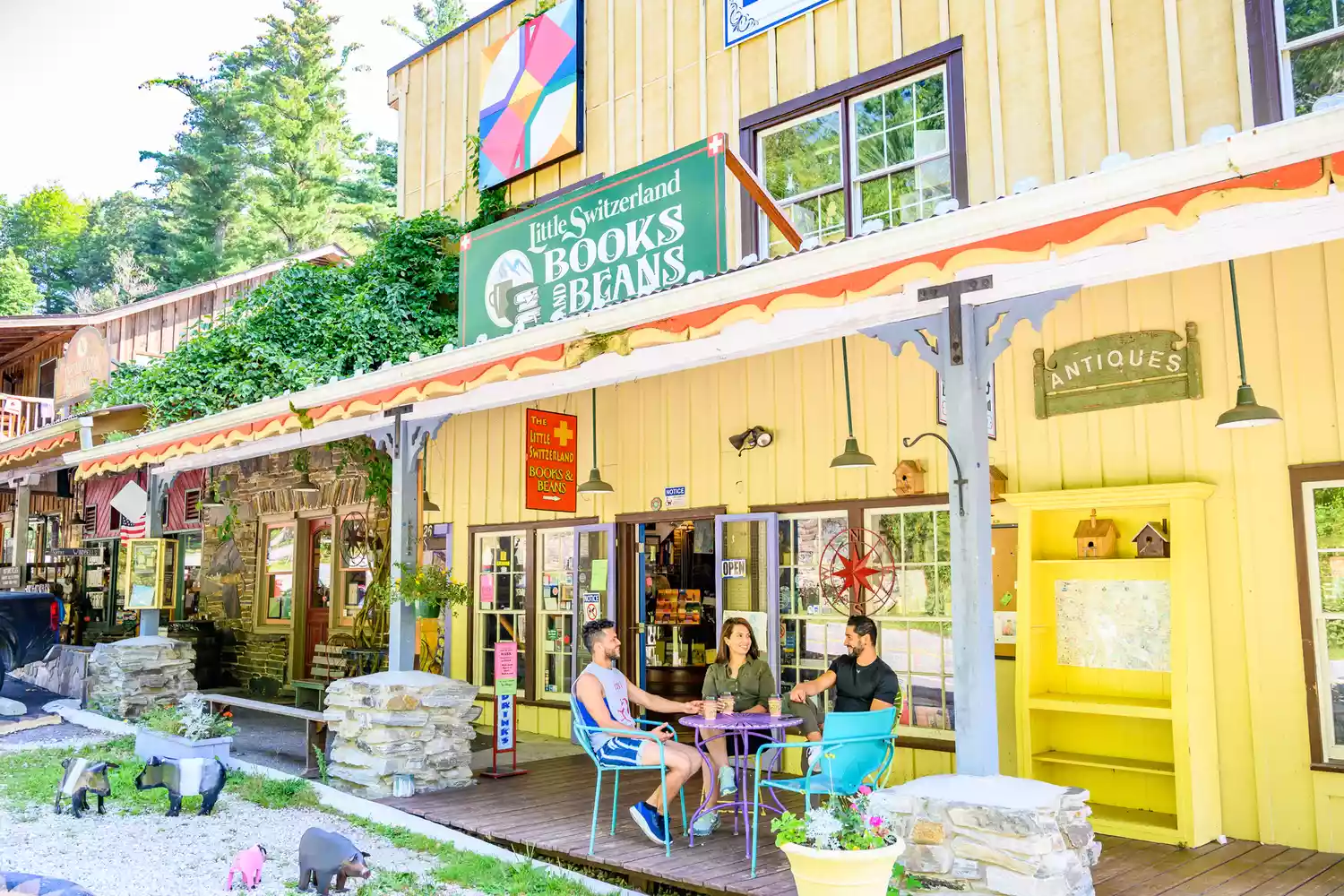 Quaint storefronts with Swiss-style architecture in Little Switzerland, NC.