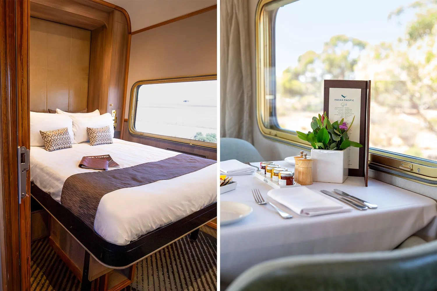 A split image featuring a Platinum sleeper cabin bed and a set table in the dining car.