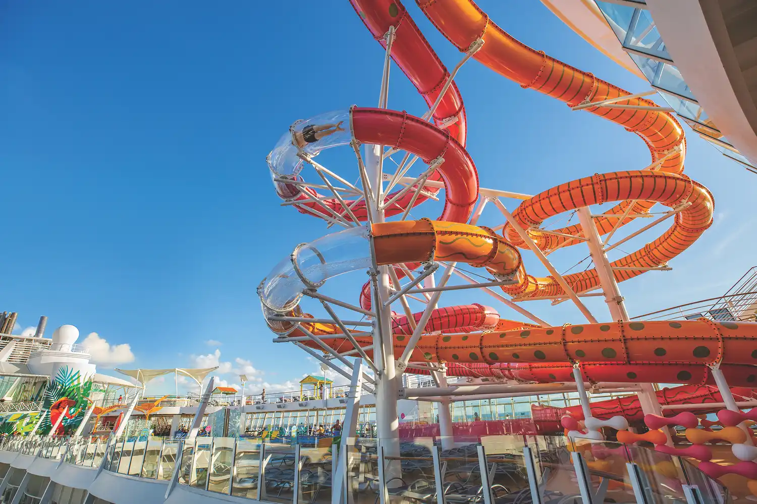 Close-up of the Perfect Storm water slides on the upper deck of a Royal Caribbean ship.