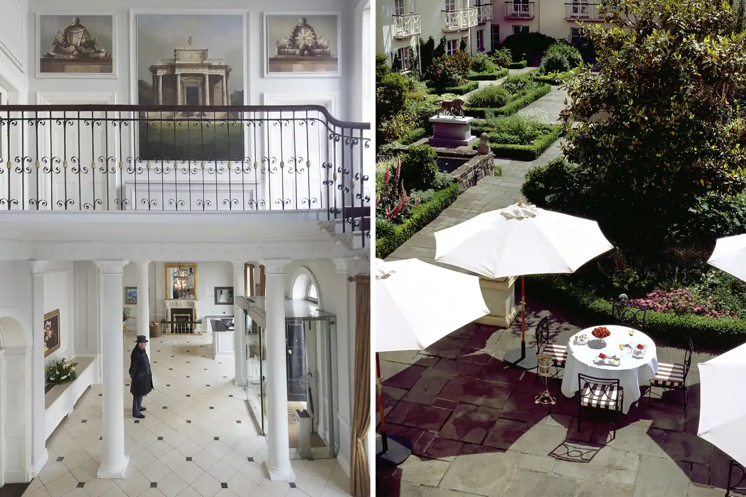 Side-by-side view of the elegant entry hall and the lush garden courtyard of the Merrion Hotel in Dublin.