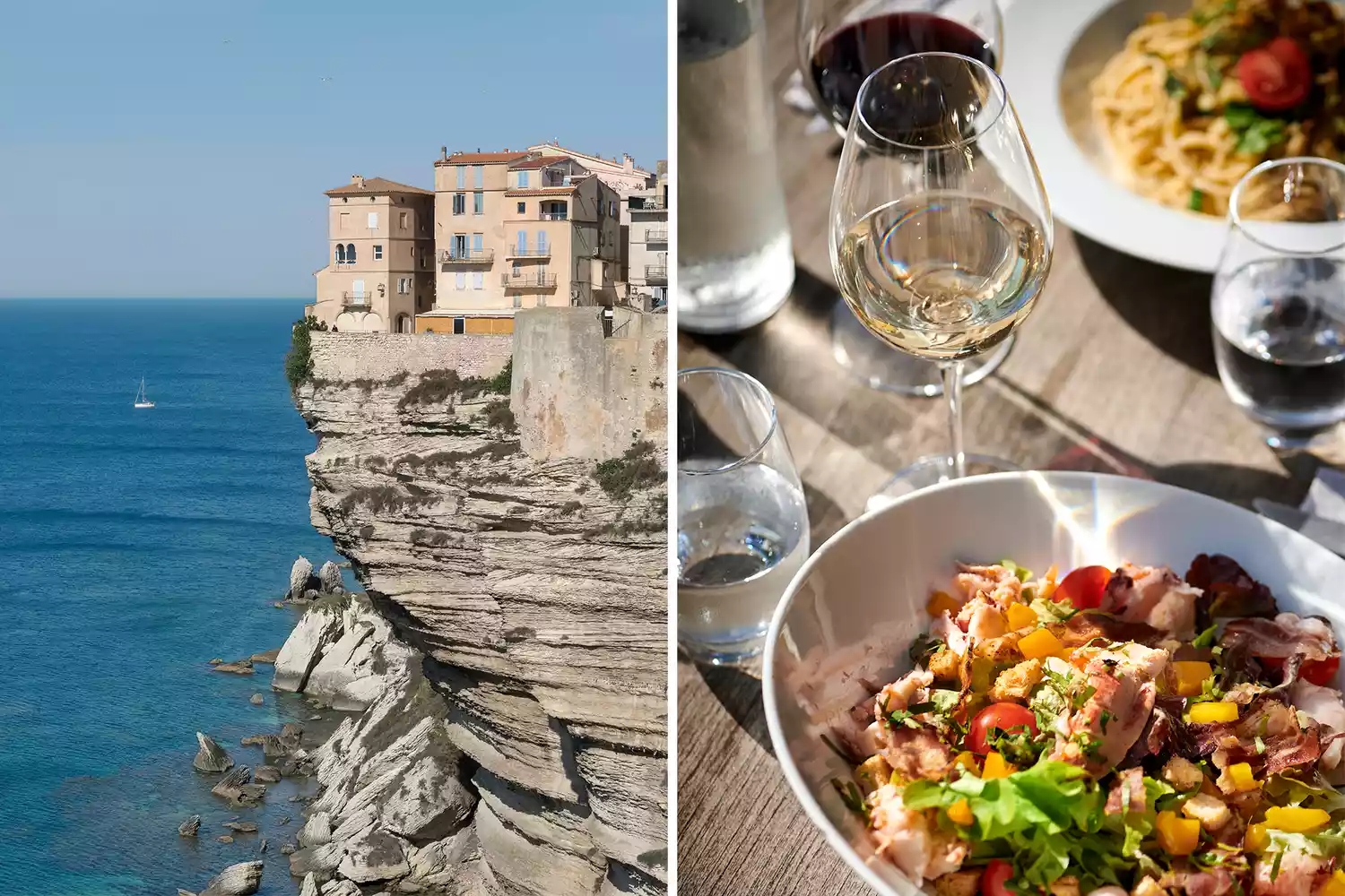 A combined view of the white limestone cliffs of Bonifacio and a langoustine salad served with a glass of Corsican wine.