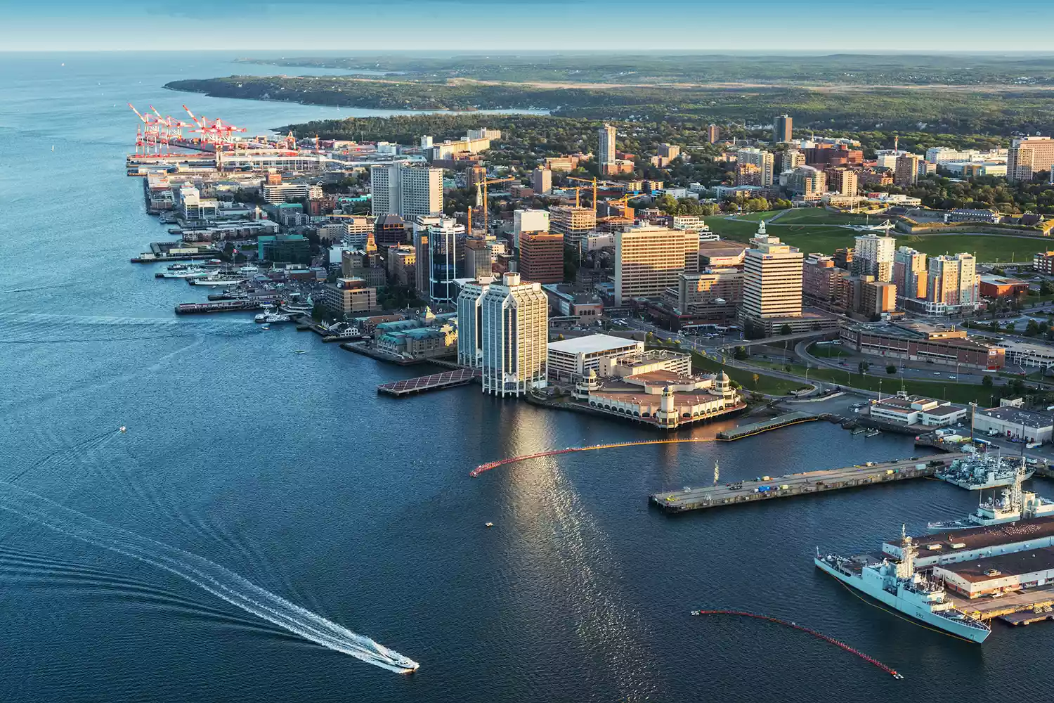 An aerial perspective of the Halifax waterfront and city harbor.