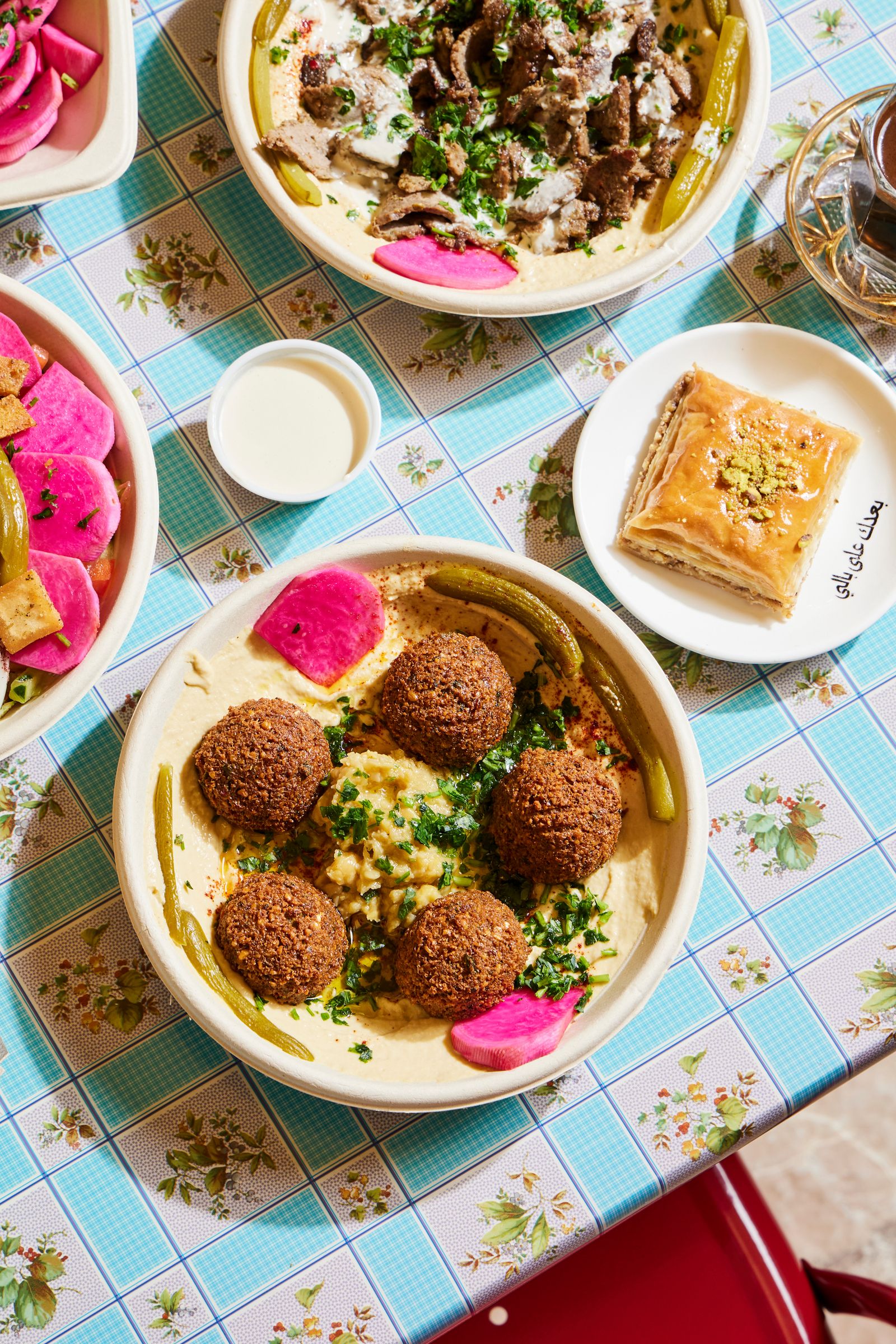 A colorful spread of global brunch items and flavorful plates.