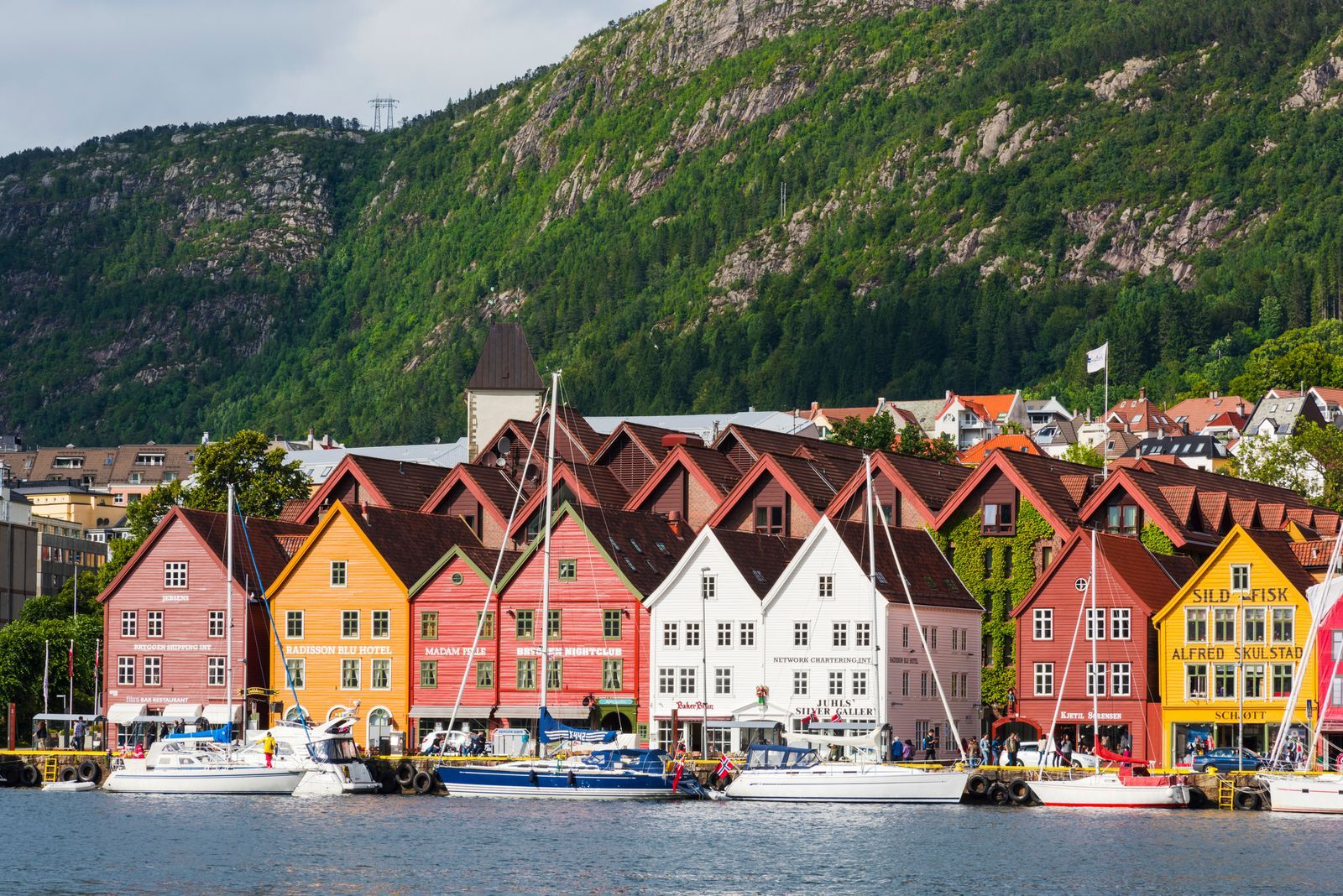 The historic colorful wooden house facades of the Hanseatic wharf at Bryggen in Bergen, Norway.