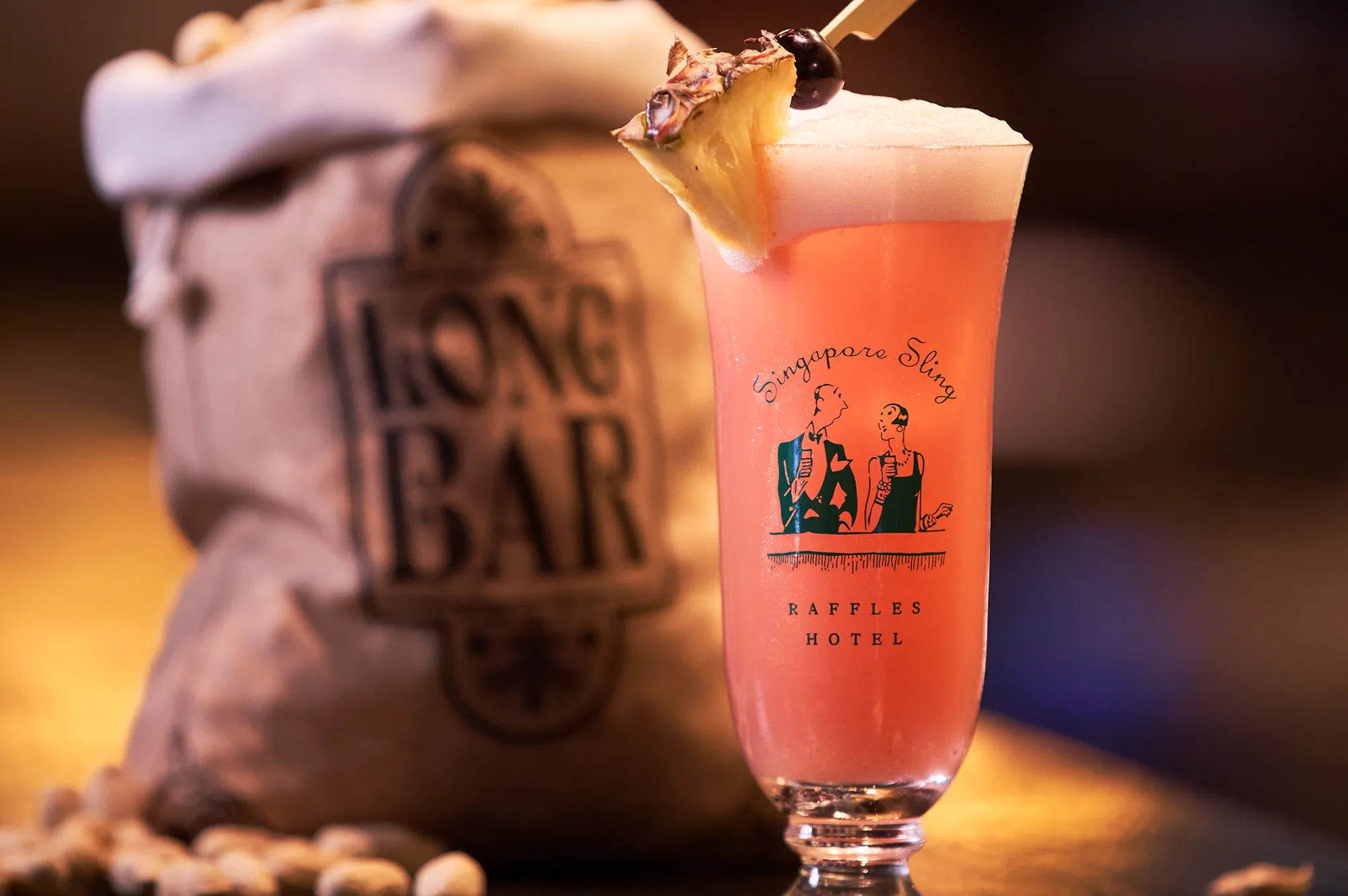 A classic Singapore Sling cocktail at the Raffles Hotel Long Bar.