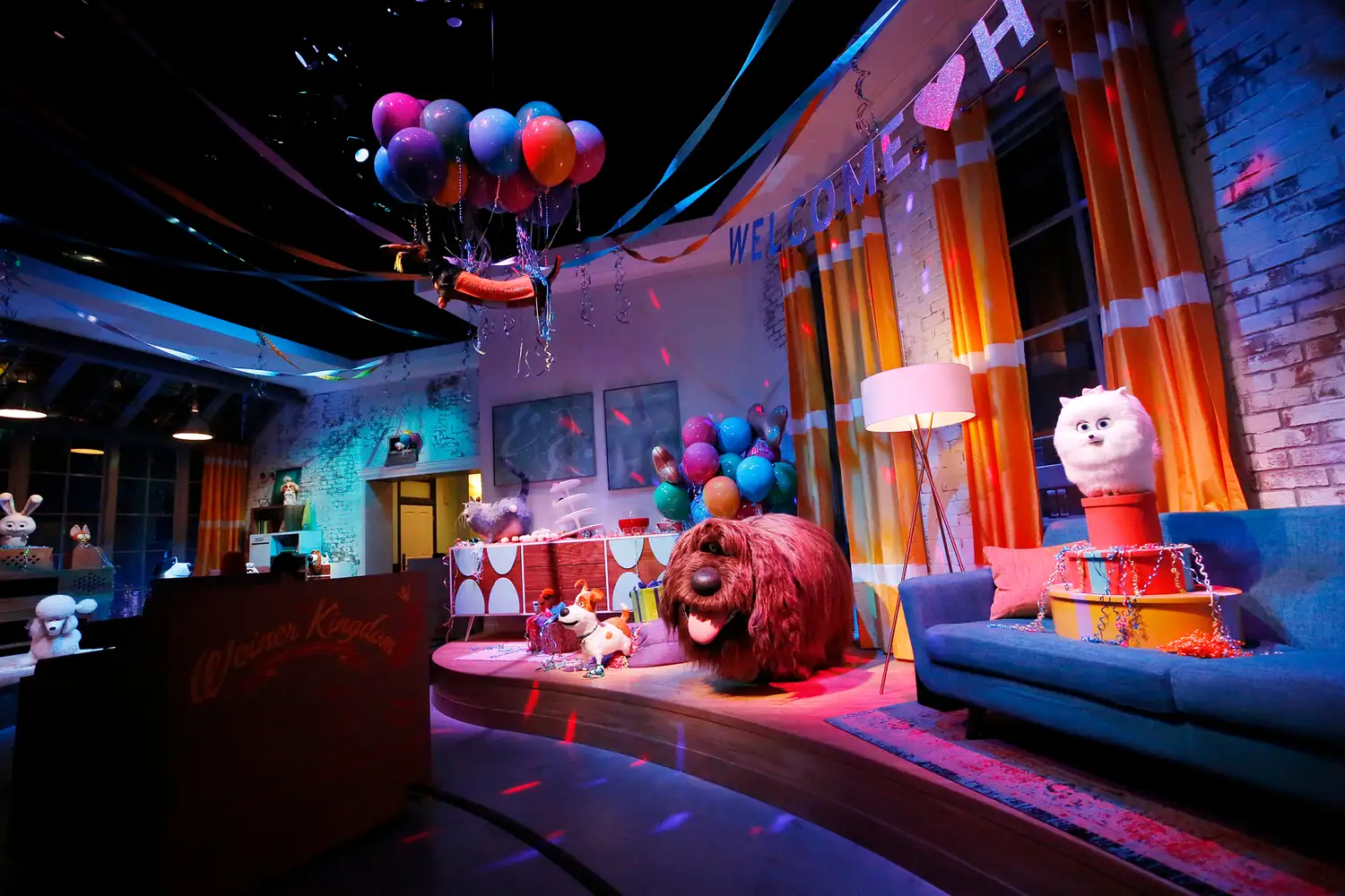 Themed queue and character figures from The Secret Life of Pets ride.