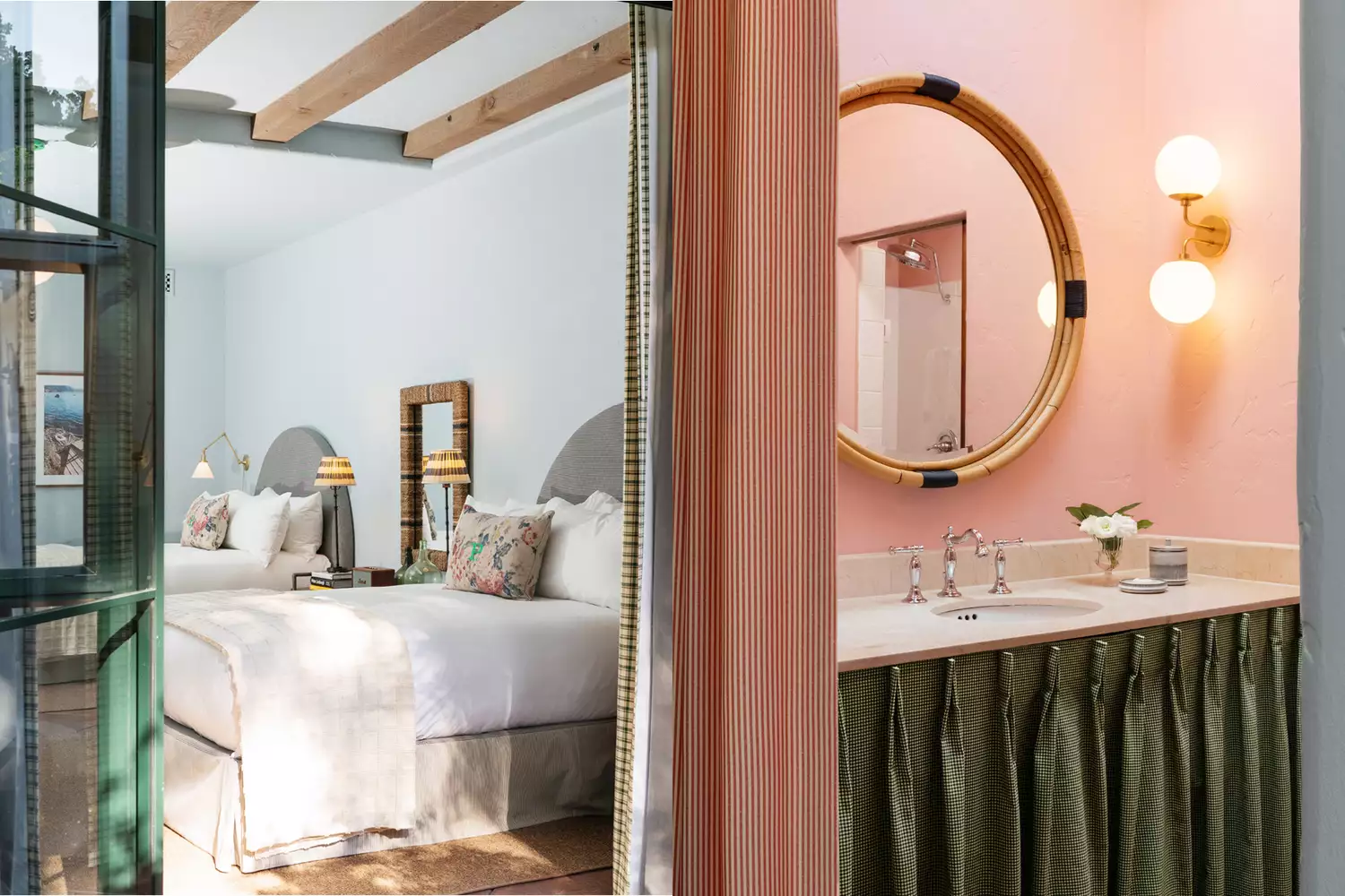 A guest room featuring high-end bedding and a modern ensuite bathroom at Palihouse Santa Barbara.