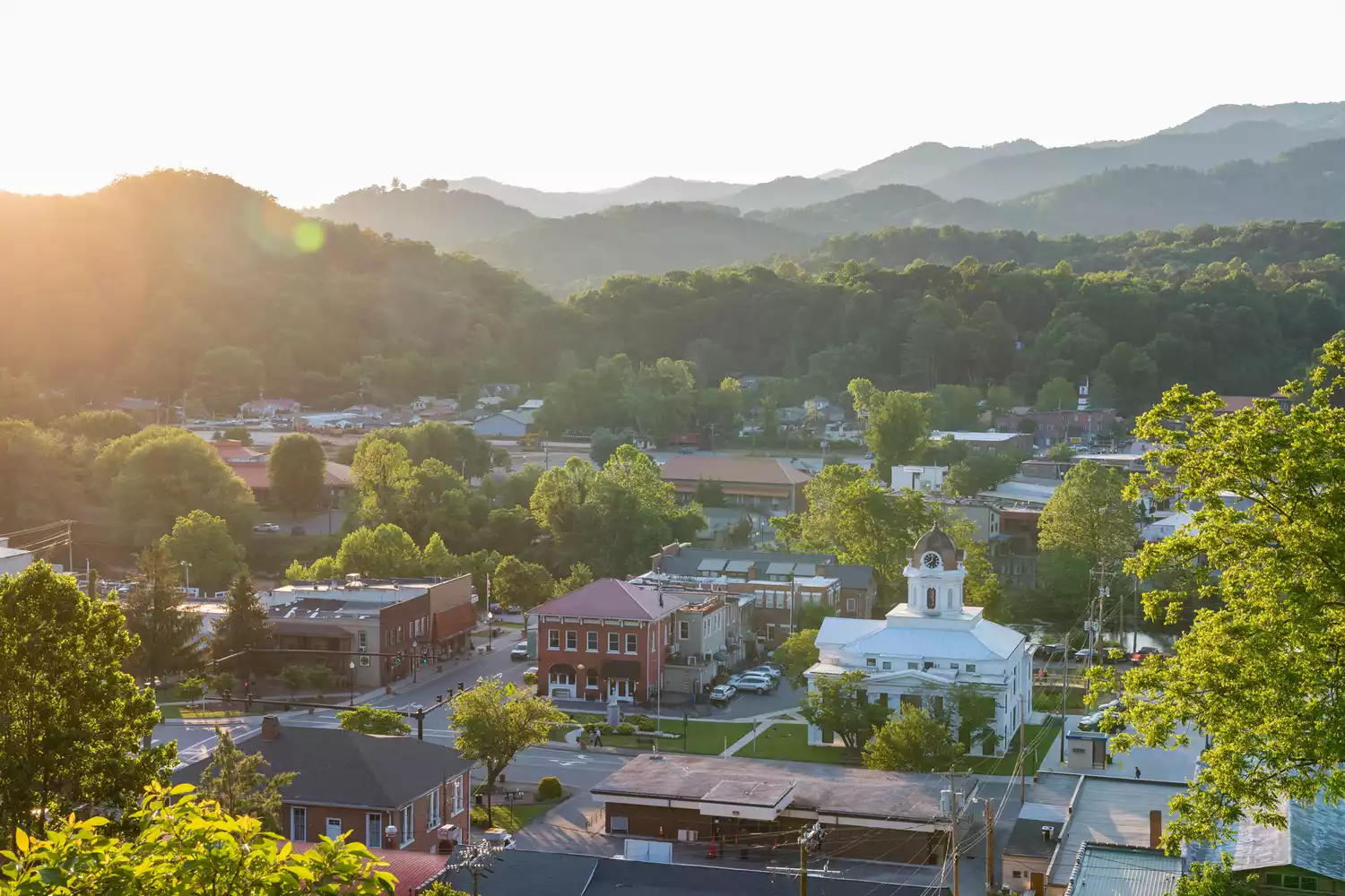 A wide-angle landscape view of the town of Bryson City.
