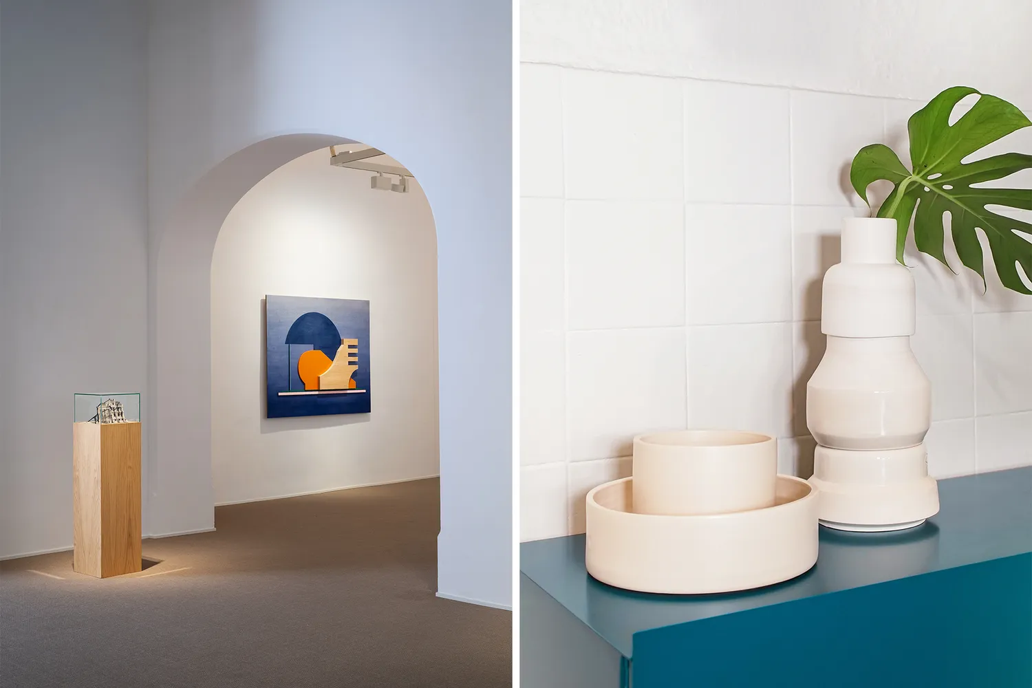 A split image featuring contemporary artwork at Pelaires gallery and handmade ceramics by Roberto Paparcone.