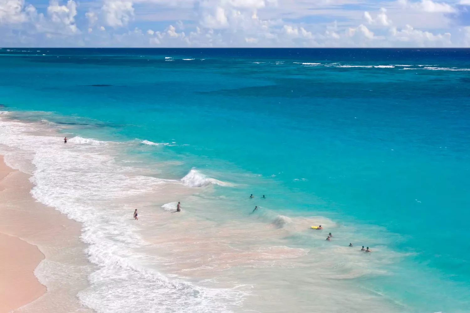 High-angle aerial shot of Crane Beach in Barbados showing the resort coastline.