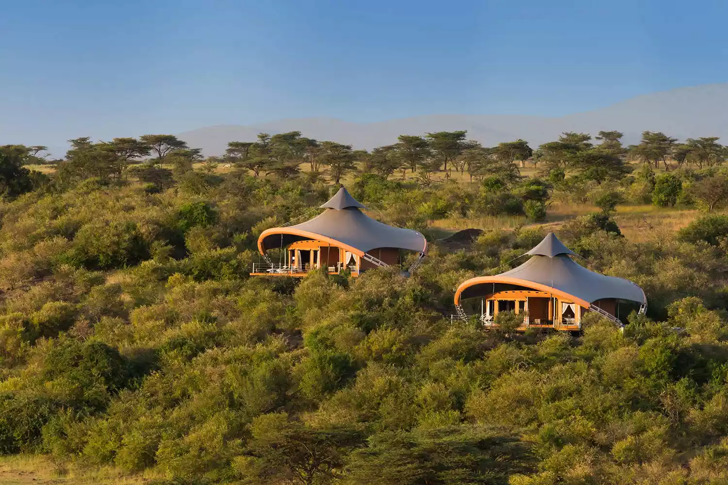 Luxury safari tents with canvas roofs and high-end furnishings at Mahali Mzuri in Kenya.