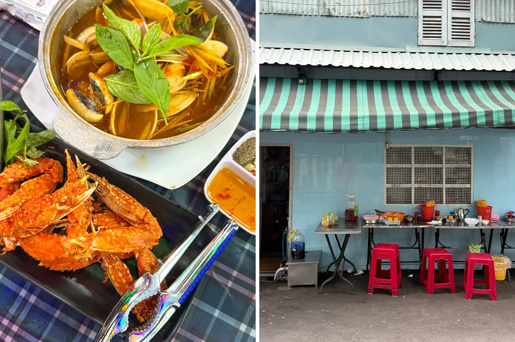 A seafood meal alongside a street stall storefront with red stools and a striped awning.