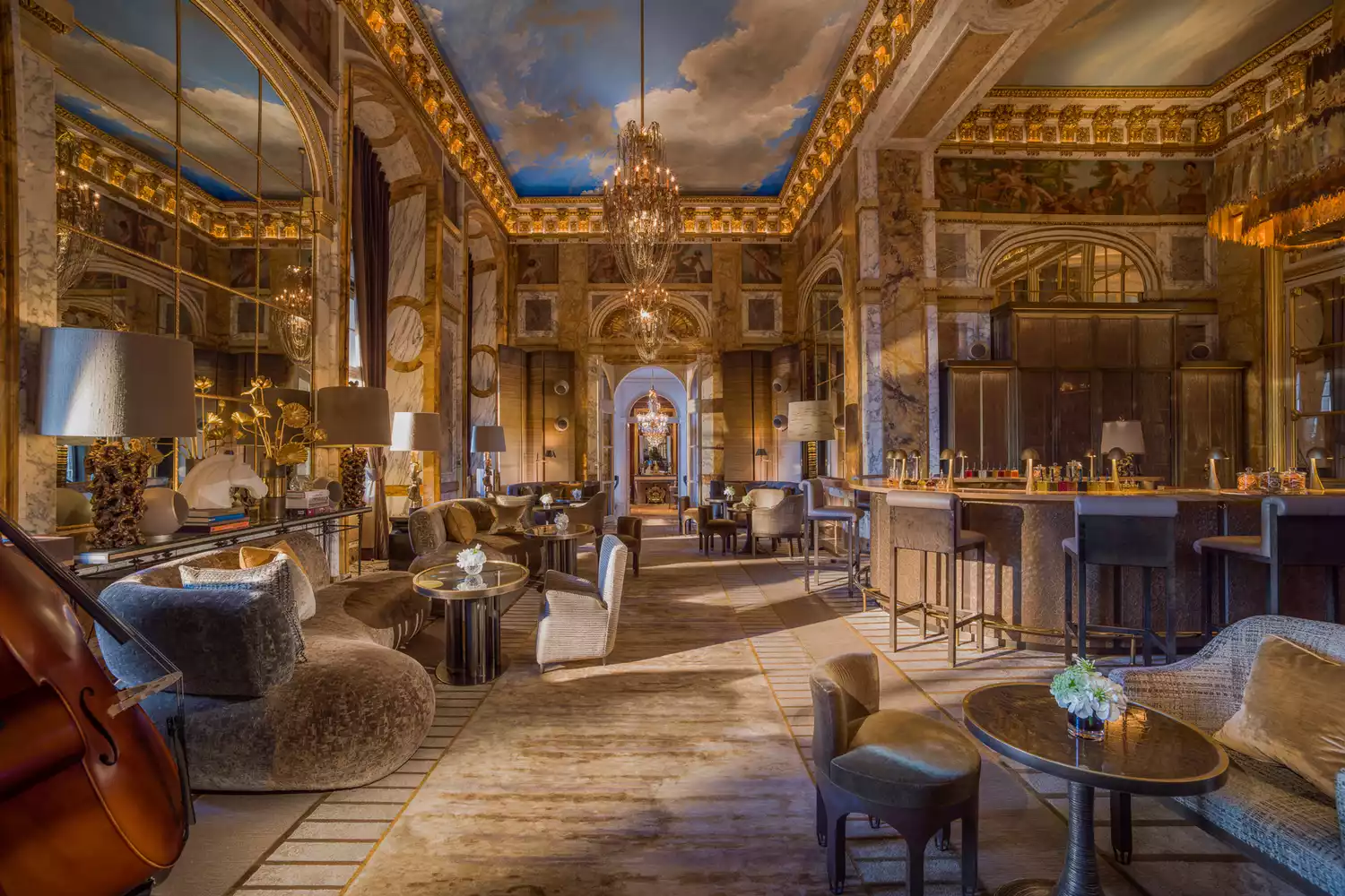 Elegant bar interior at the Palace-tier Hotel de Crillon with ambient lighting and sophisticated decor.