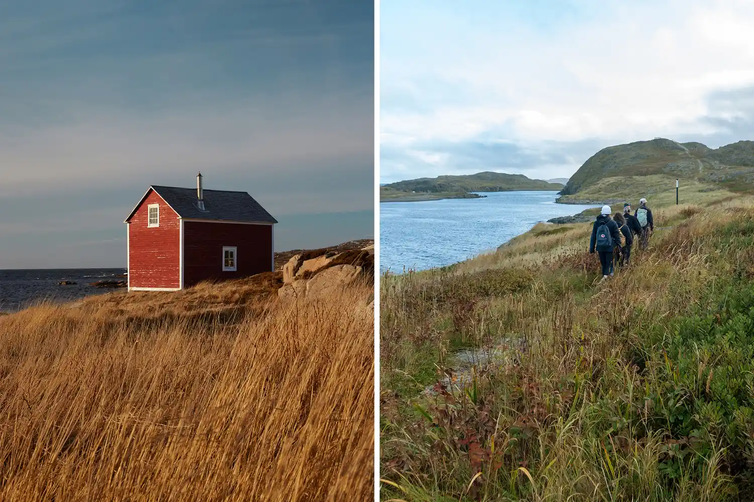 A split view showing a traditional red house on a field and hikers on the Lion’s Den coastal trail.