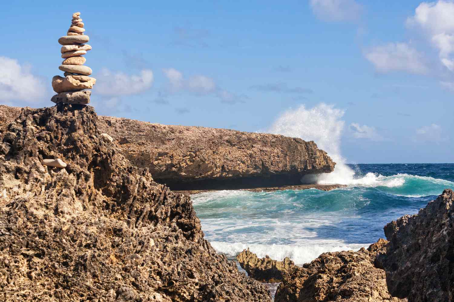 High-action shot of waves colliding with the coral rock formations at the park boundary.