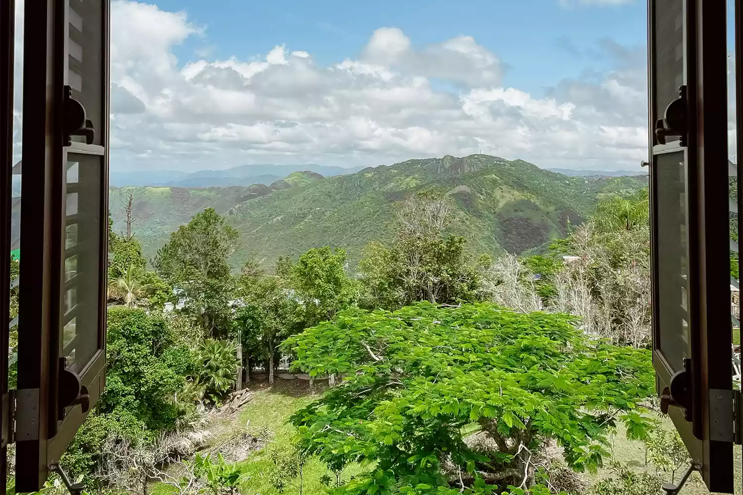 A view of rolling tropical mountains and forest seen through a rustic window frame.